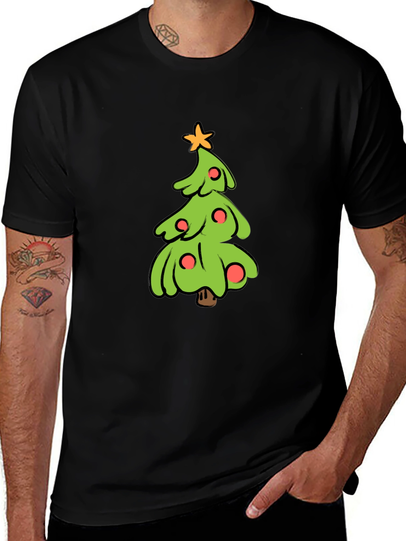 Festive Christmas Tree Graphic Tee - Black