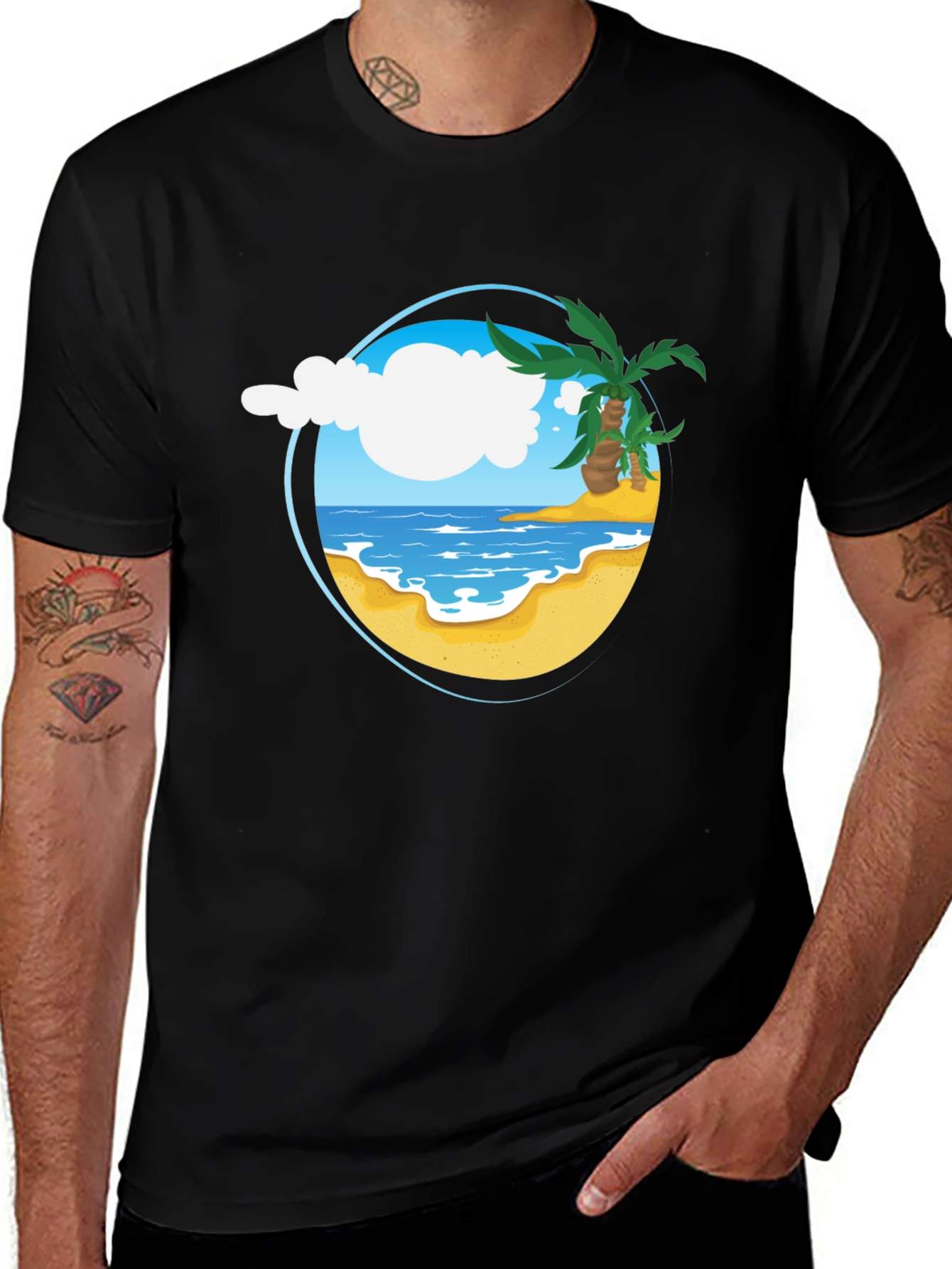 Tropical Beach Graphic Tee - Black Cotton Shirt