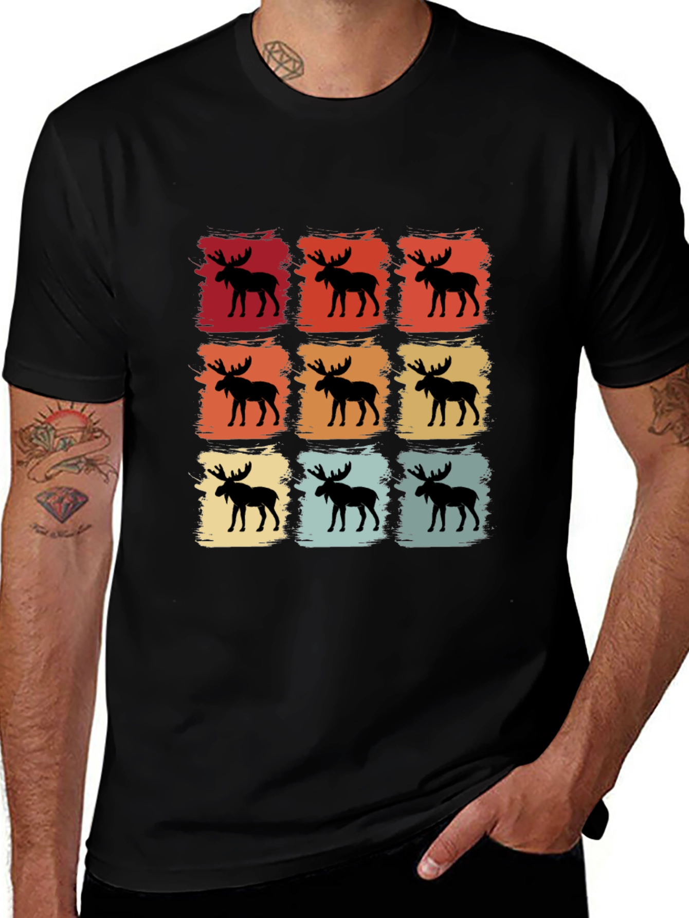 Variant 24 of Retro Moose Pattern Black T-Shirt