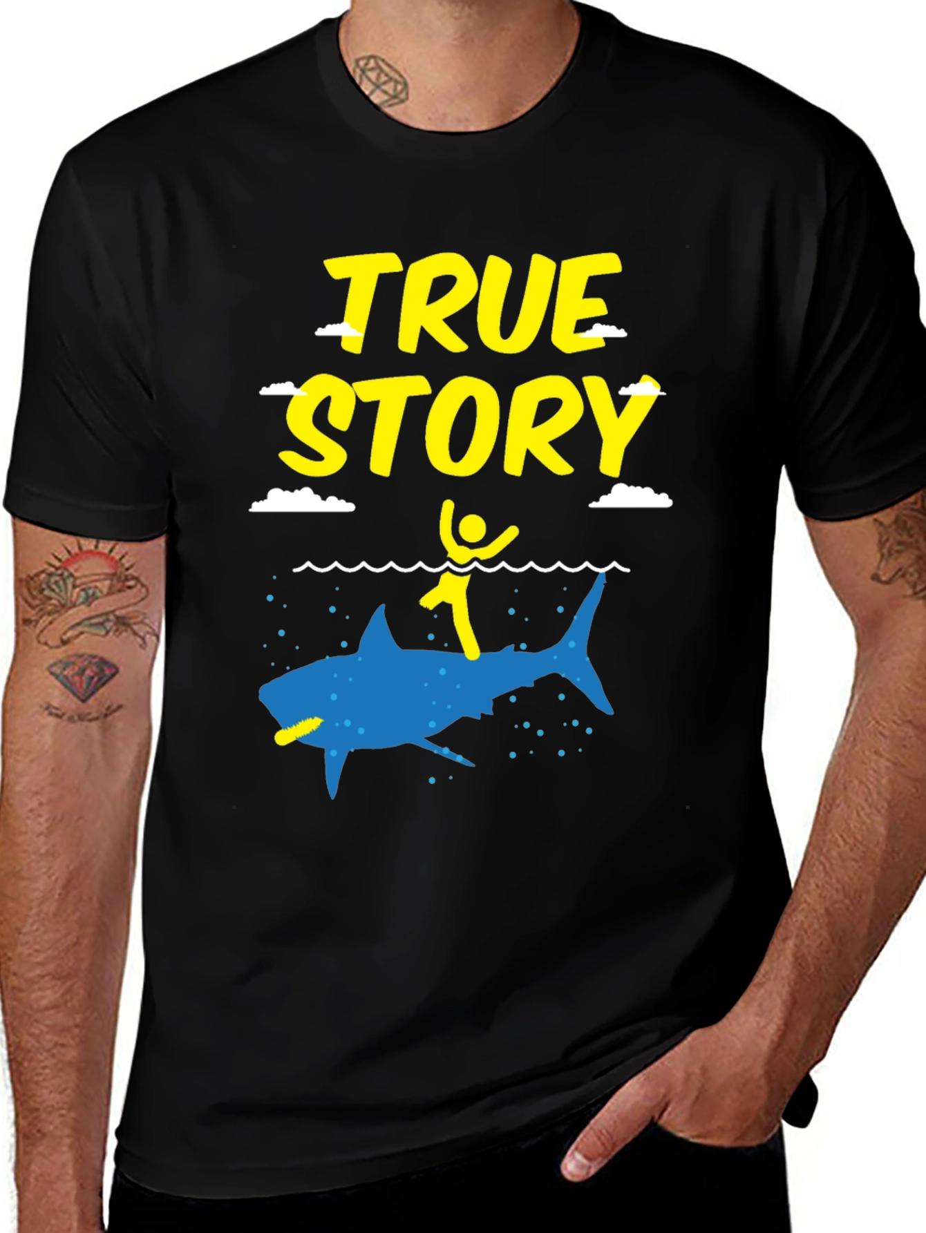 Variant 5 of True Story Shark Graphic Tee - Men's Black Cotton T-Shirt