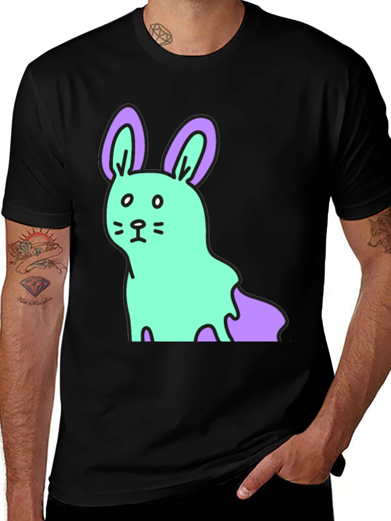 Variant 6 of Cartoon Bunny Graphic Tee - Black Cotton Blend Shirt