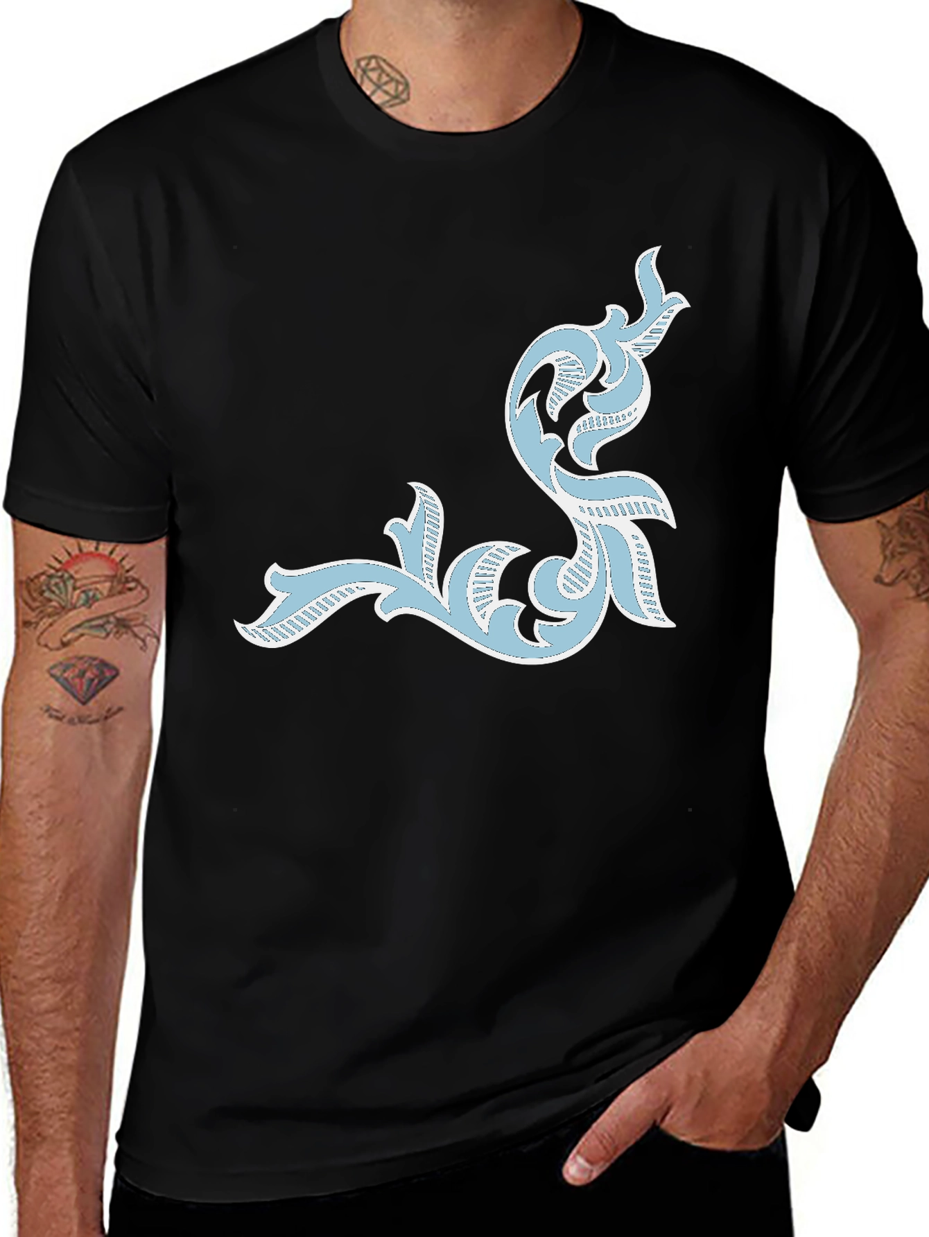 Variant 10 of Men's Black T-Shirt with Ornate Light Blue Design
