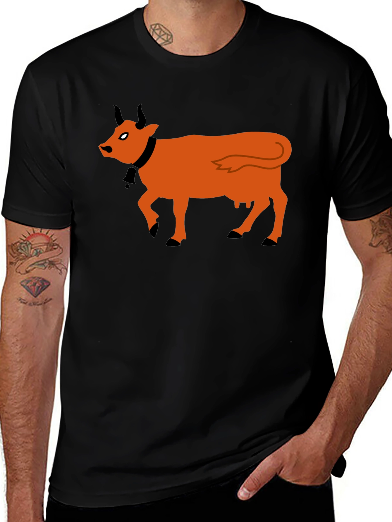Variant 14 of Black T-Shirt with Orange Winged Cow Graphic
