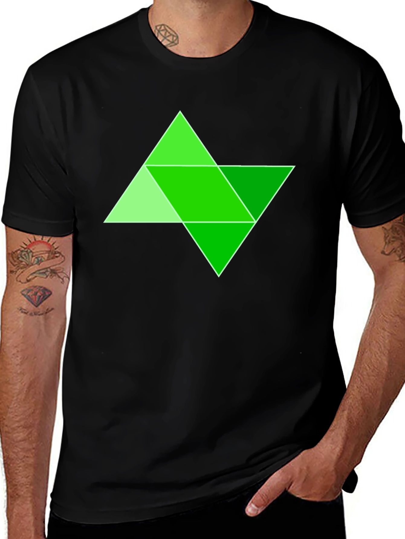 Geometric Green Triangle Design Black T-Shirt