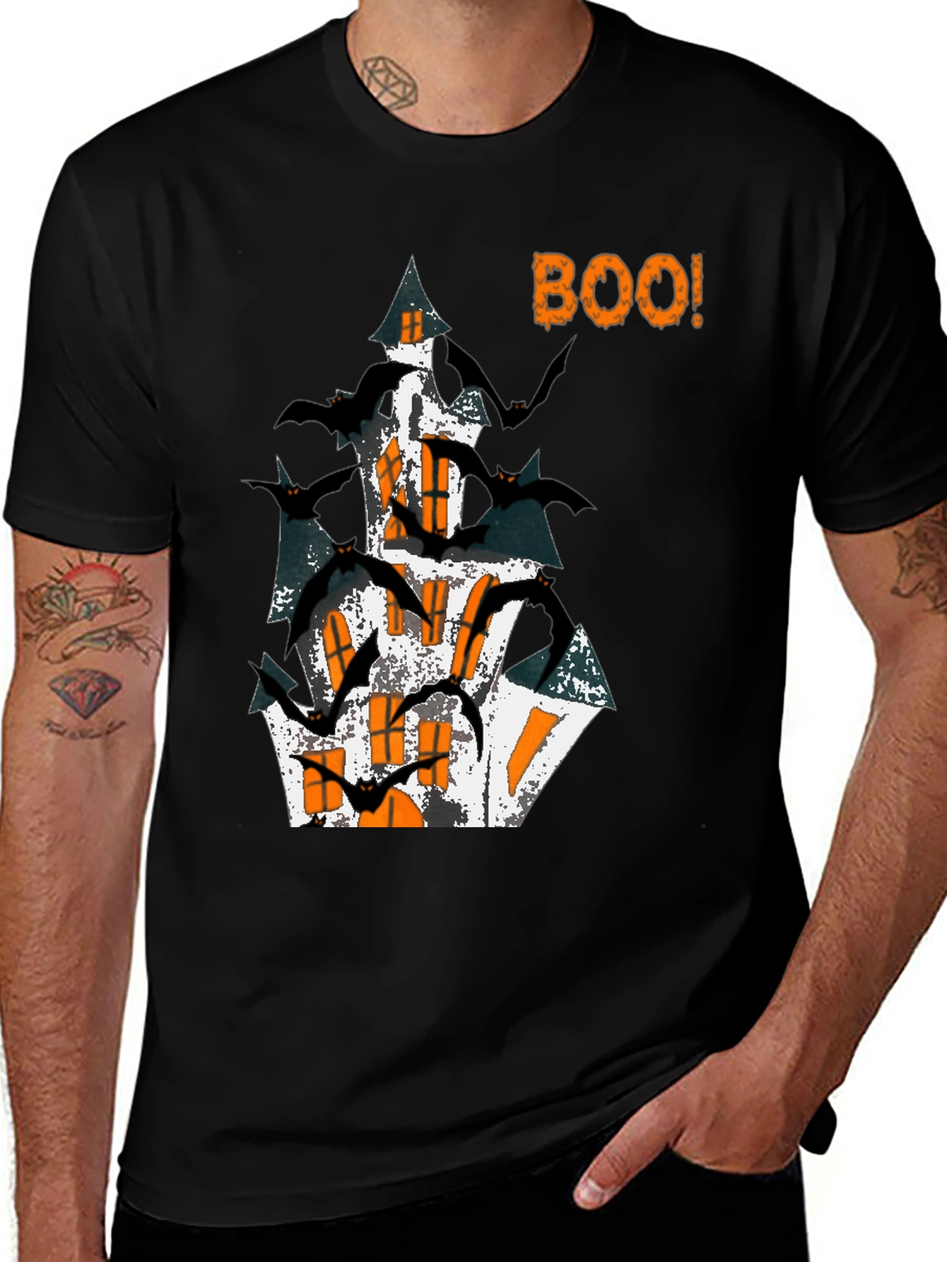 Variant 24 of Halloween Spooky Haunted House Bats Graphic Tee