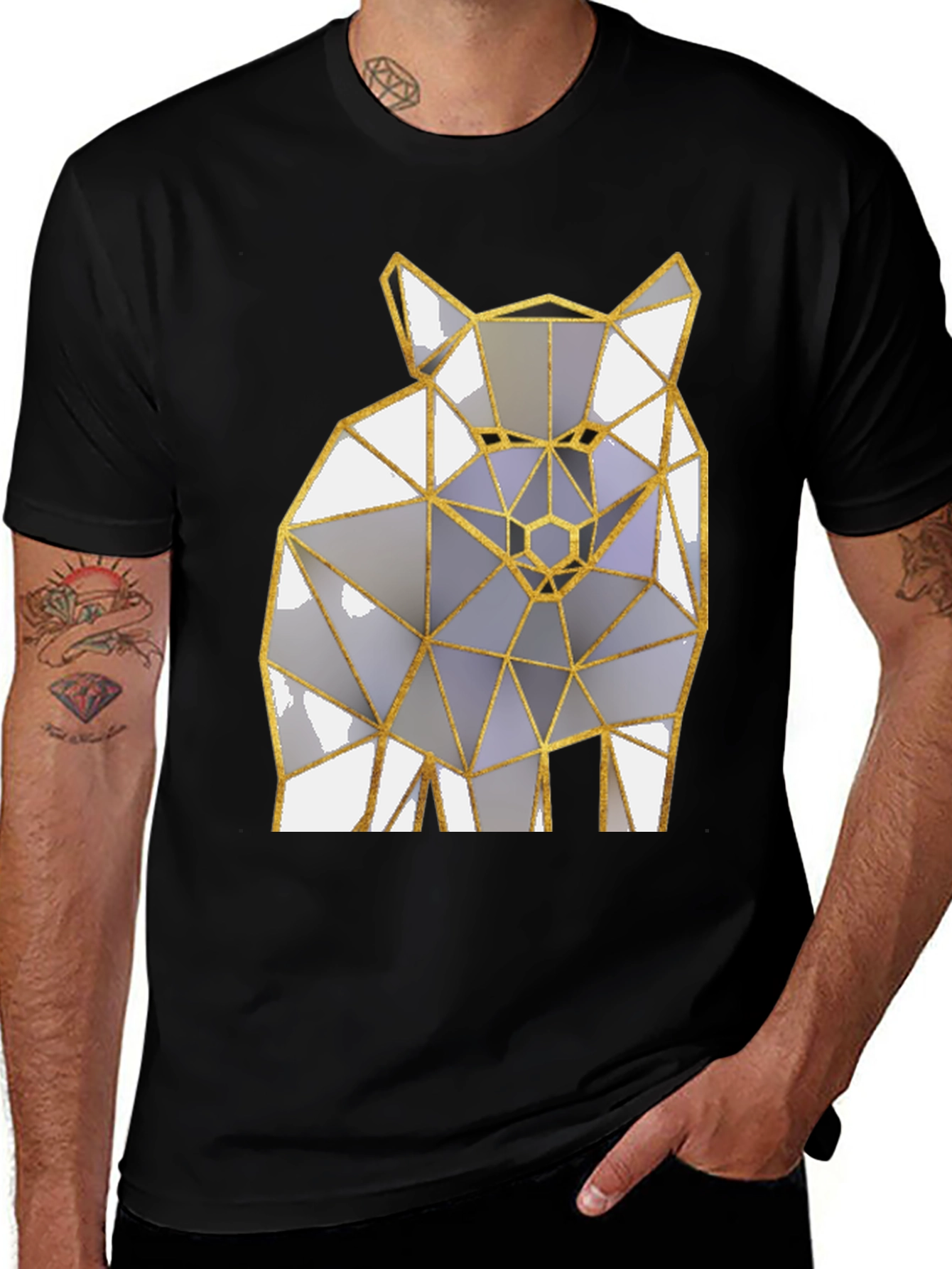 Black Geometric Wolf Graphic Tee - Modern Men's Black T-Shirt main image