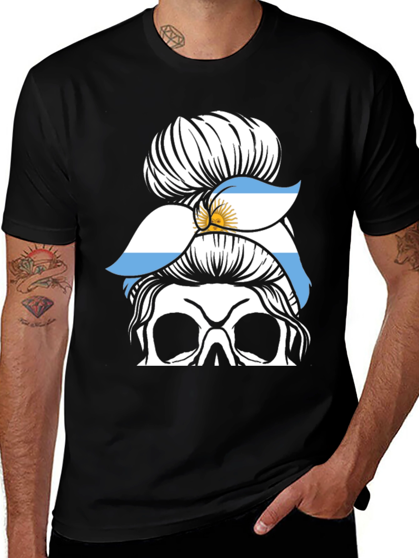 Variant 26 of Argentina Flag Skull Messy Bun T-Shirt