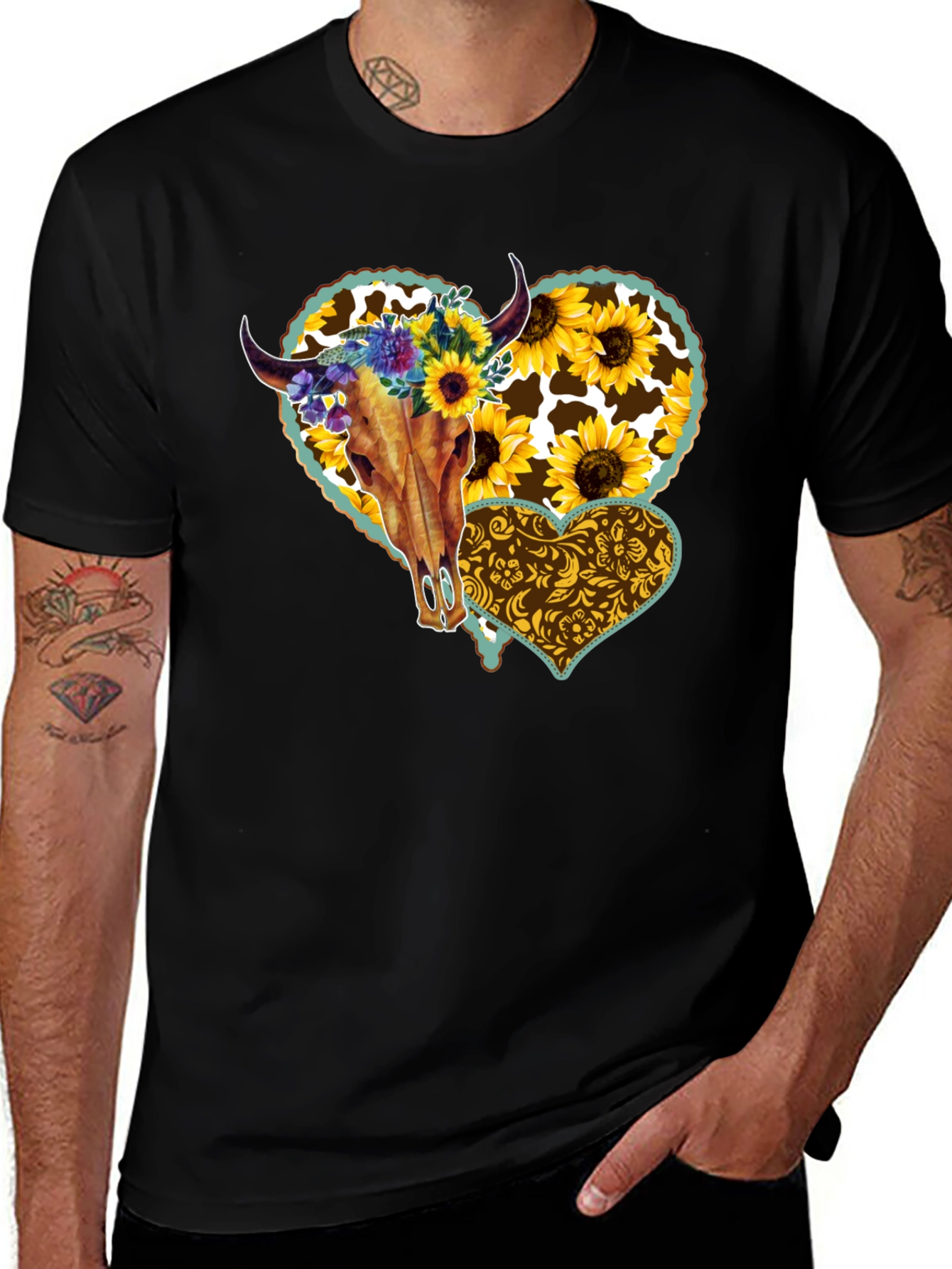 Variant 26 of Cow Skull Sunflower Heart Graphic Tee