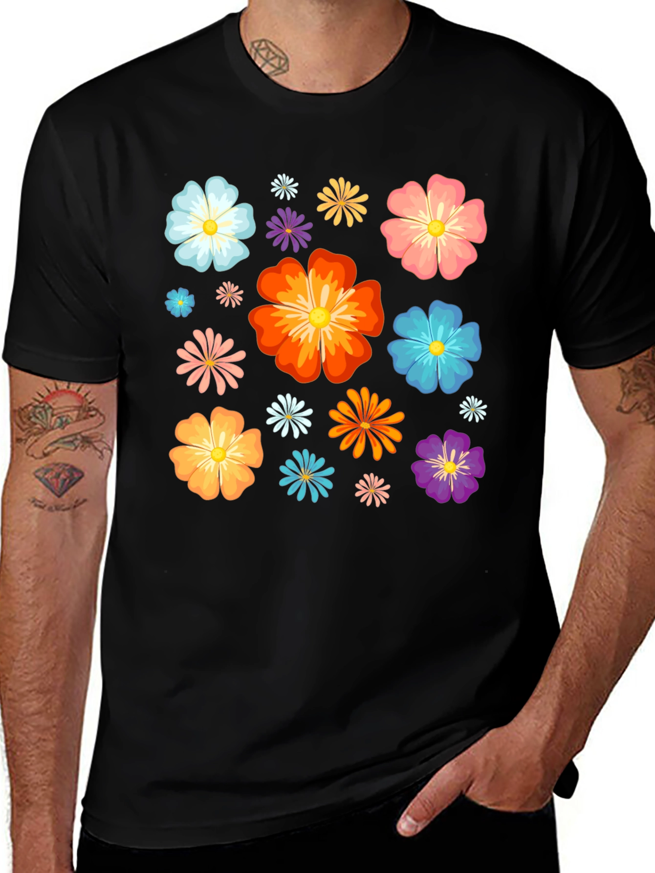 Variant 17 of Floral Print Black T-Shirt - Vibrant Colorful Flowers