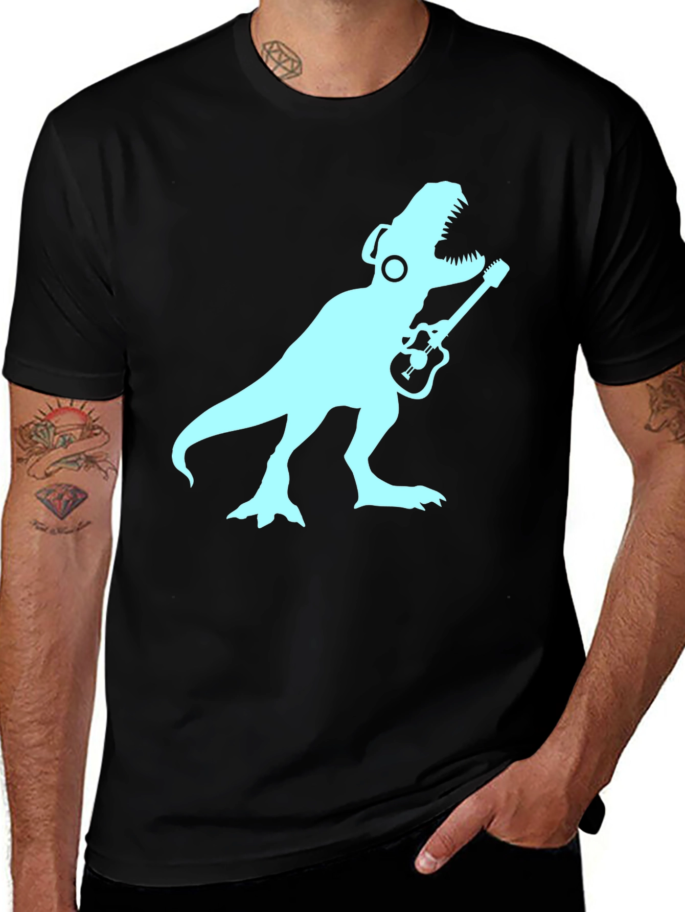 Variant 24 of Cool Dino Rock T-Shirt - Black Cotton