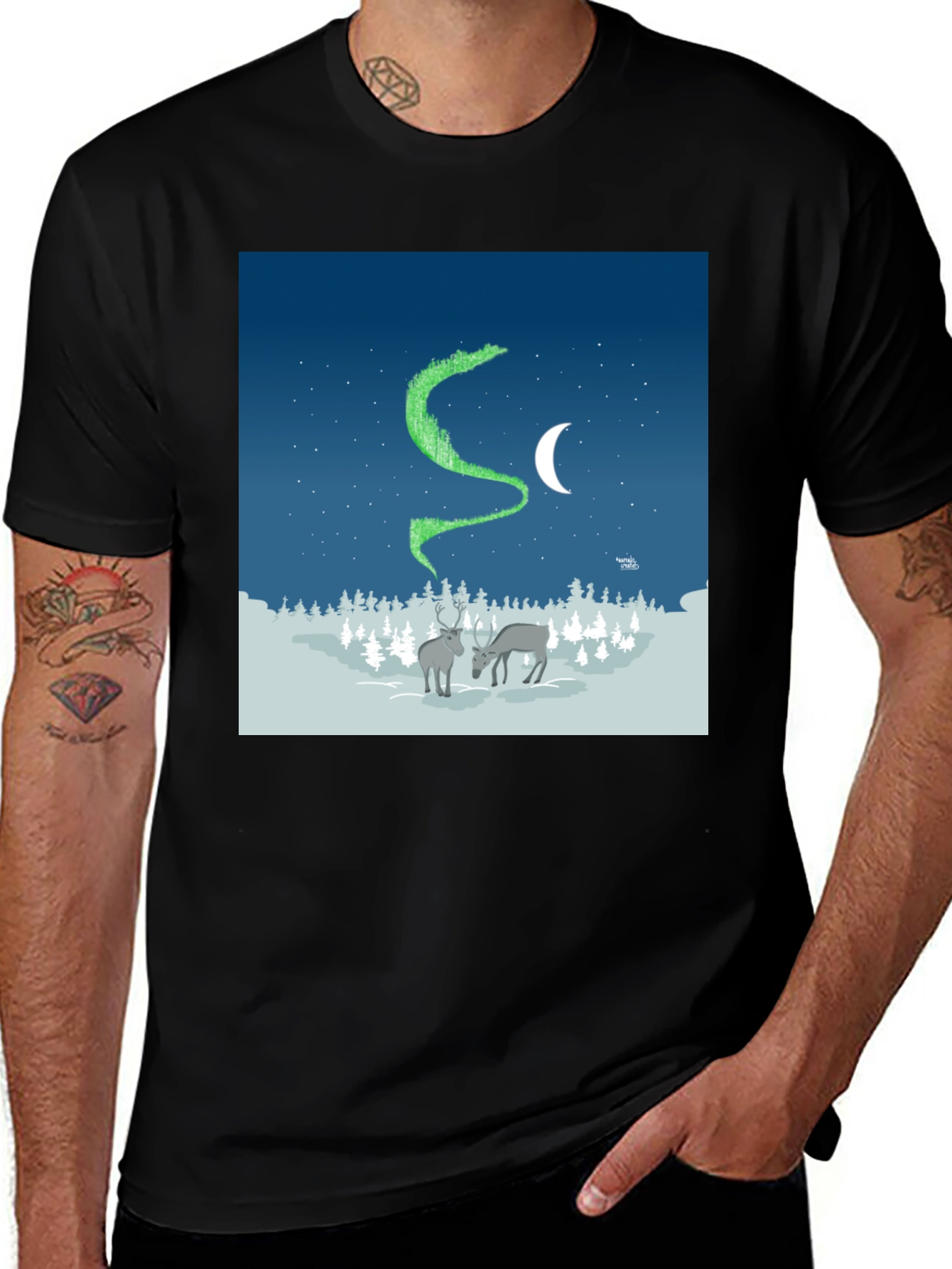 Variant 16 of Aurora Reindeer Graphic Tee - Northern Lights Shirt