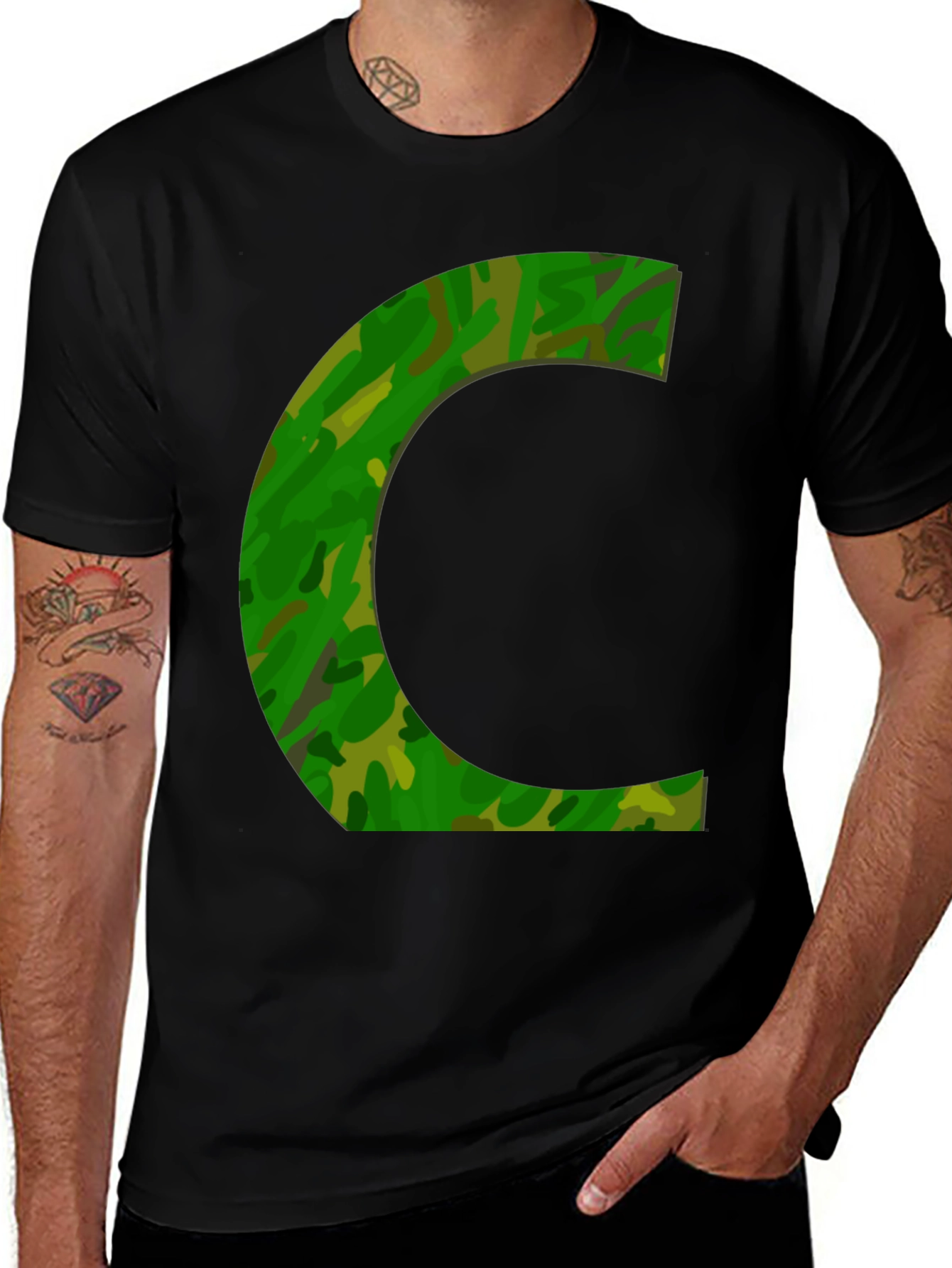 Camo Letter "C" Black T-Shirt - Stylish Graphic Tee