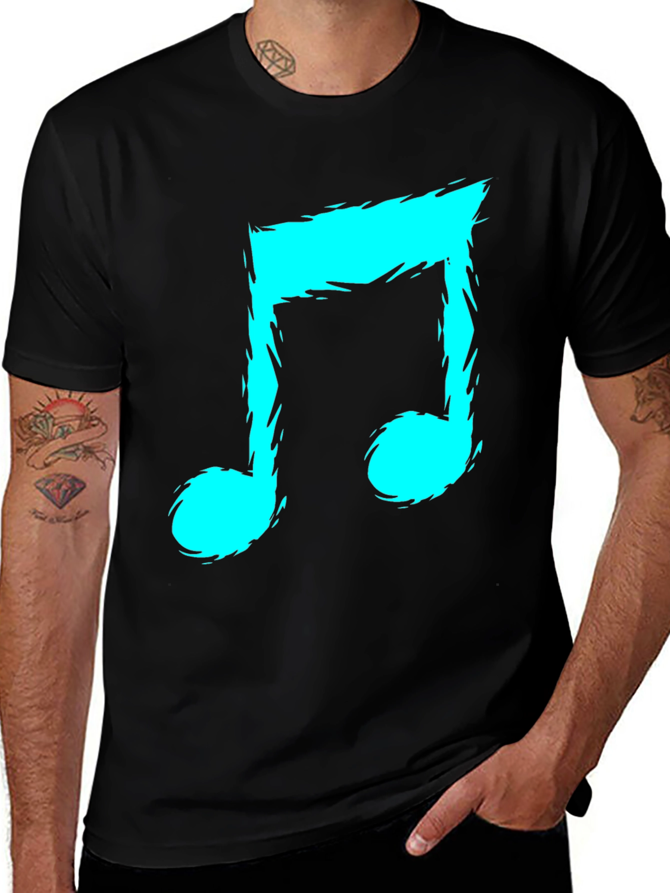 Variant 21 of Men's Black T-Shirt with Teal Music Note Graphic