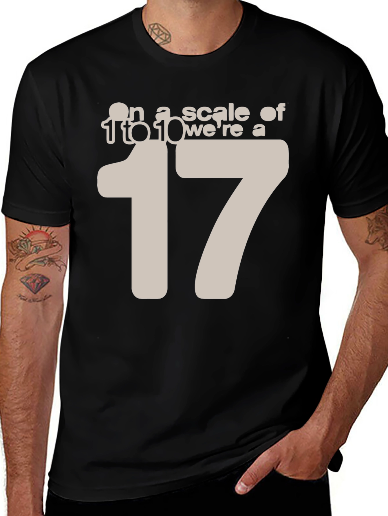 Variant 16 of Humorous T-Shirt: "On a scale of 1 to 10, we're a 17"