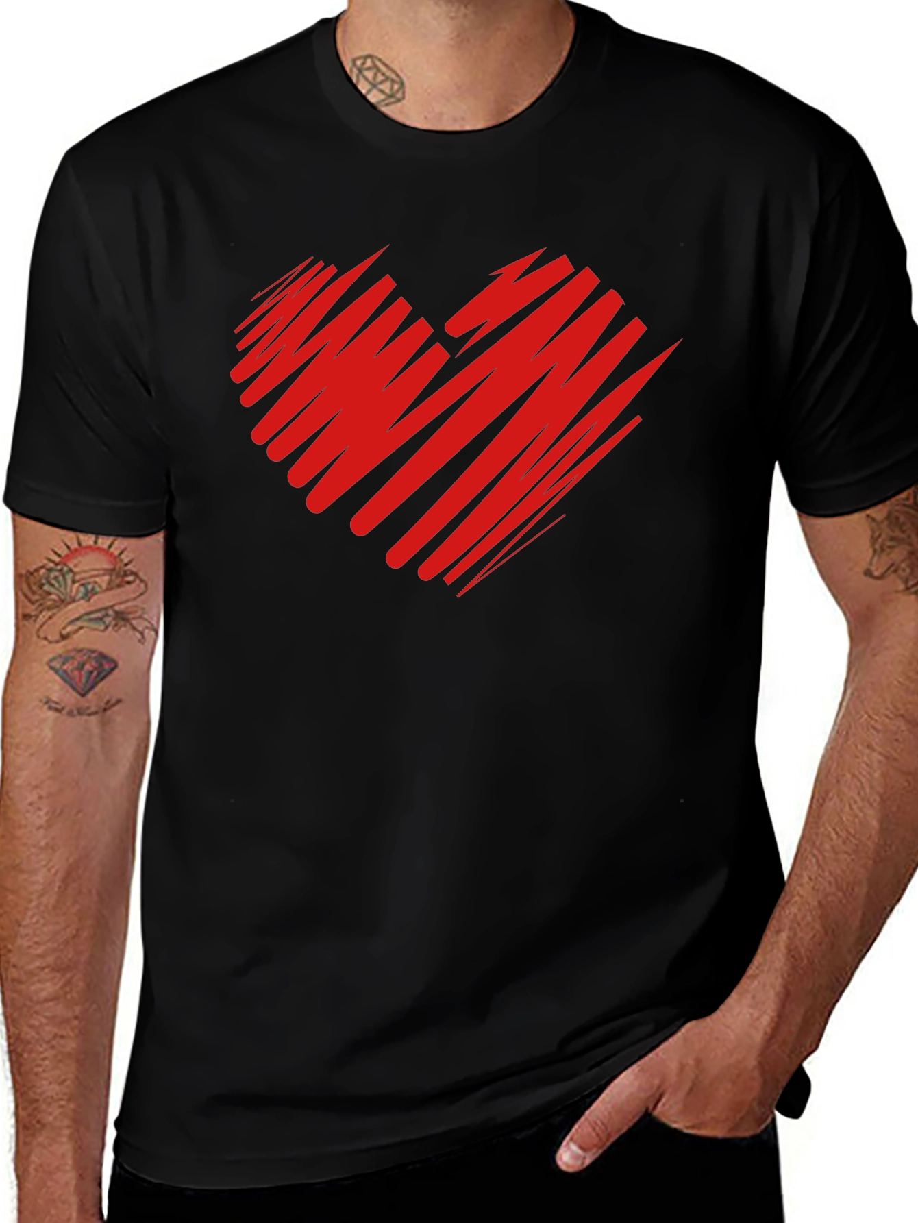 Red Scribble Heart Black T-Shirt