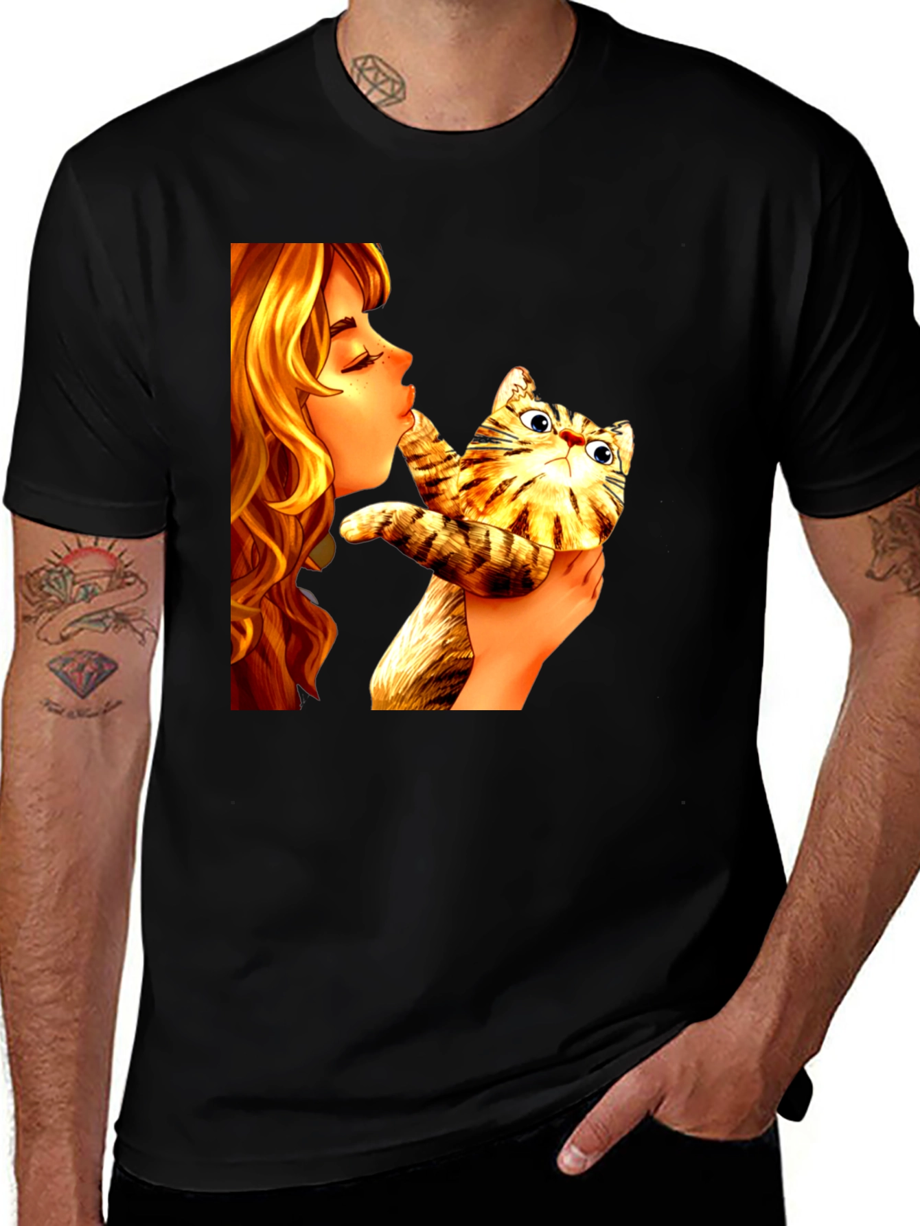 Variant 2 of Girl Kissing Cat Graphic Tee - Novelty Unisex T-Shirt