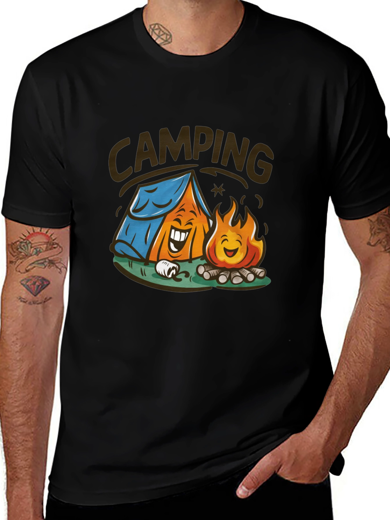 Variant 8 of Cartoon Camping Graphic Tee - Black Cotton T-Shirt