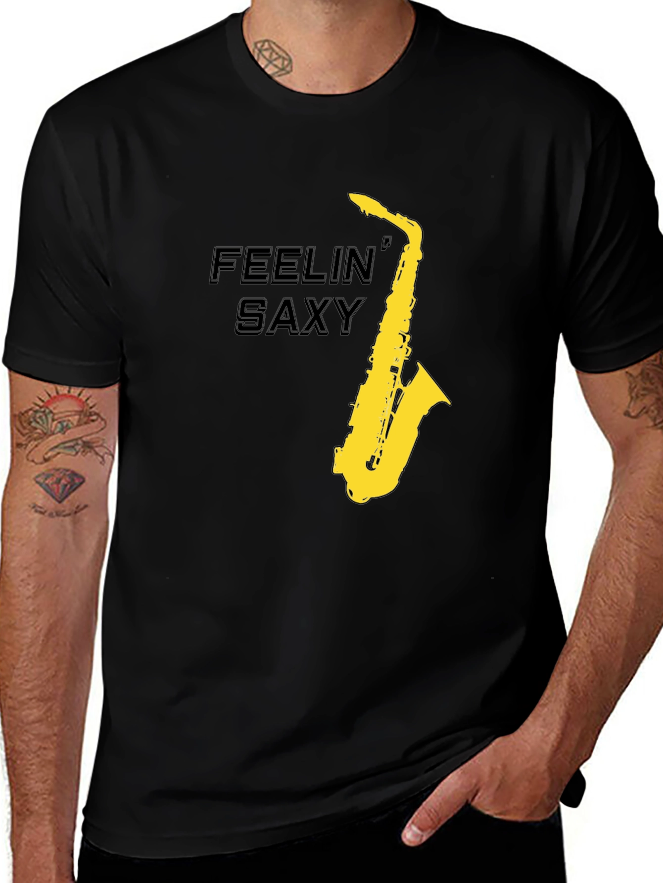 Variant 6 of Feelin' Saxy Black T-Shirt - Musical Humor Tee