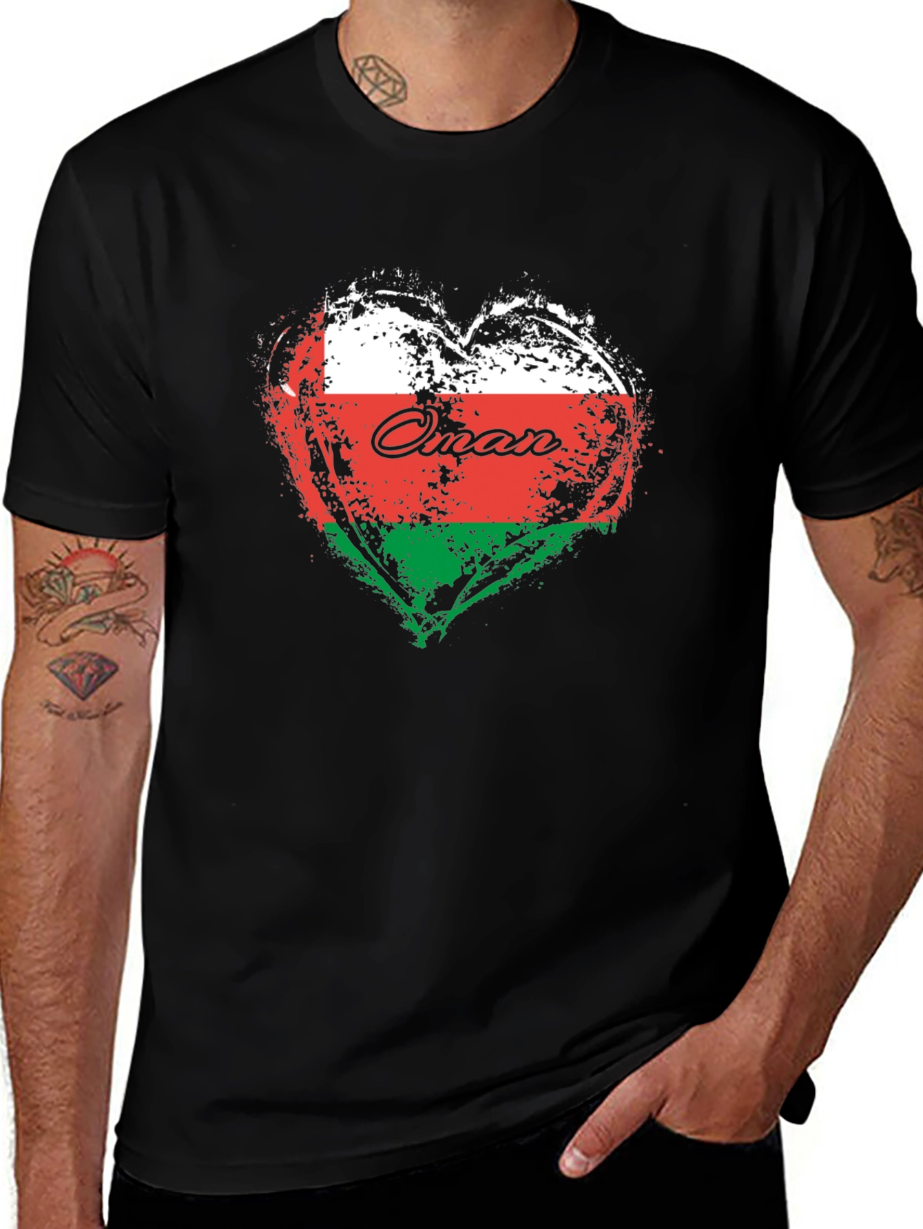Oman Flag Heart T-Shirt Black Cotton Casual Tee