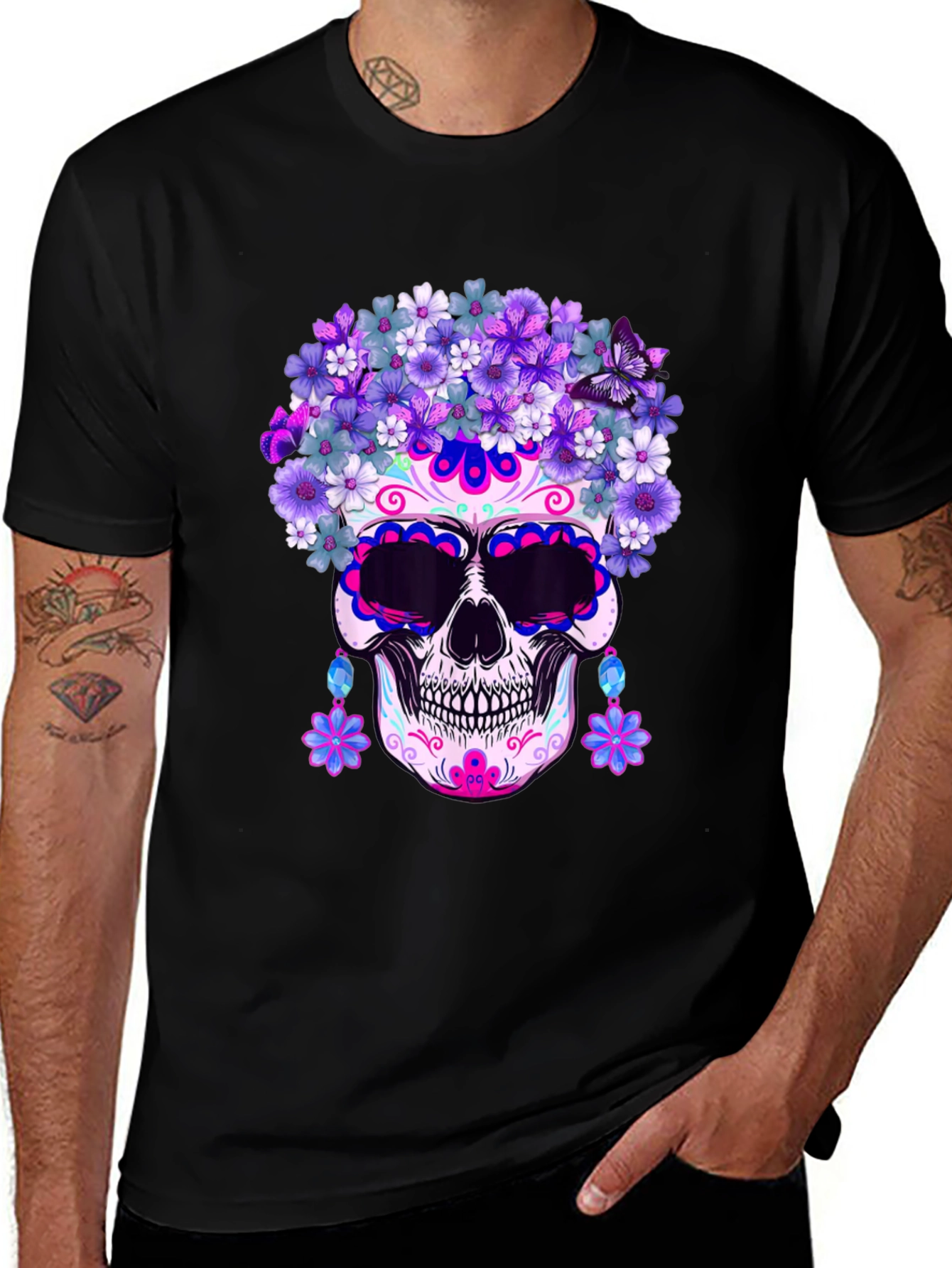 Variant 12 of Floral Sugar Skull Graphic Tee - Dia de los Muertos Shirt