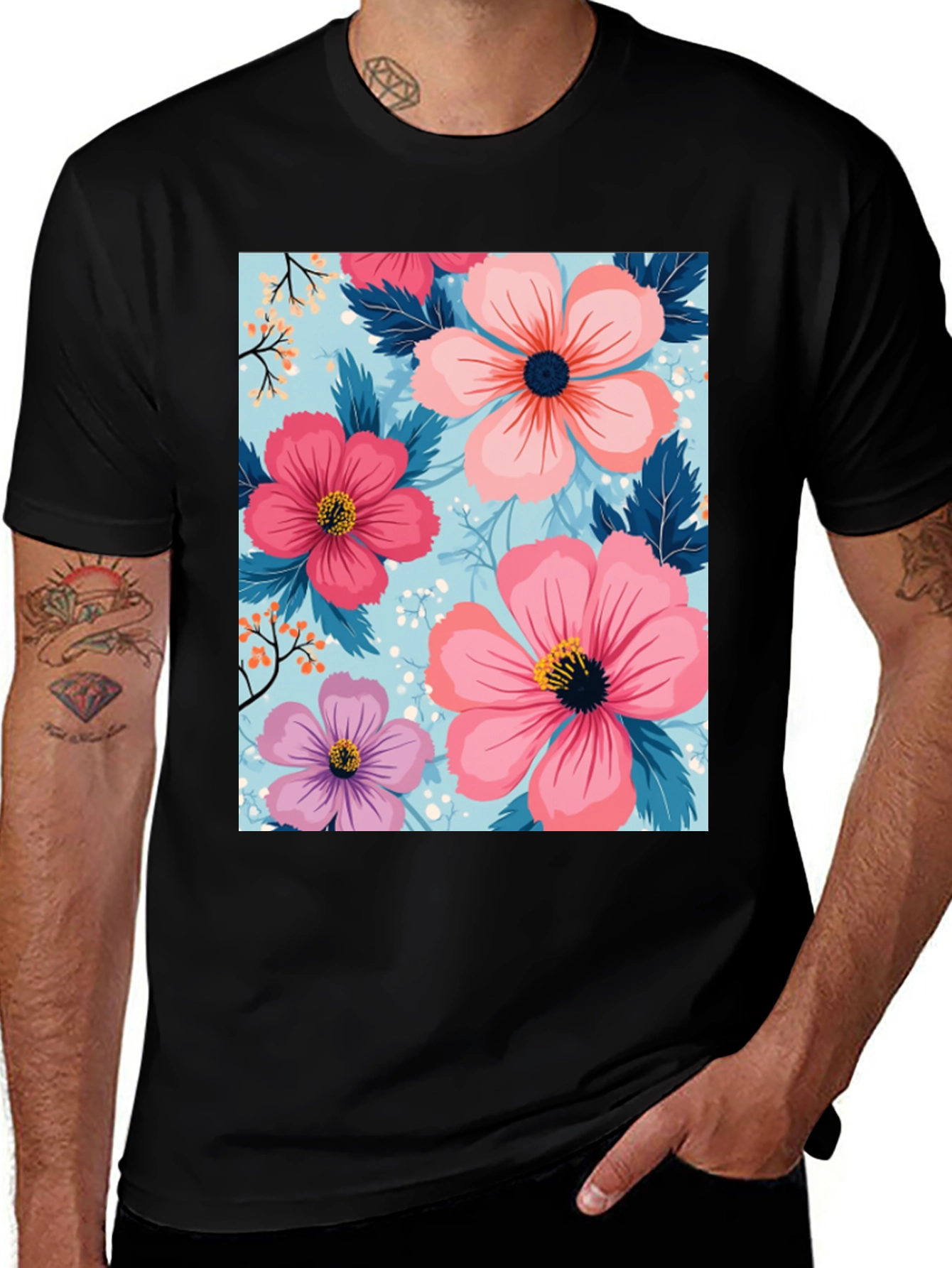 Variant 6 of Floral Print Black T-Shirt for Men