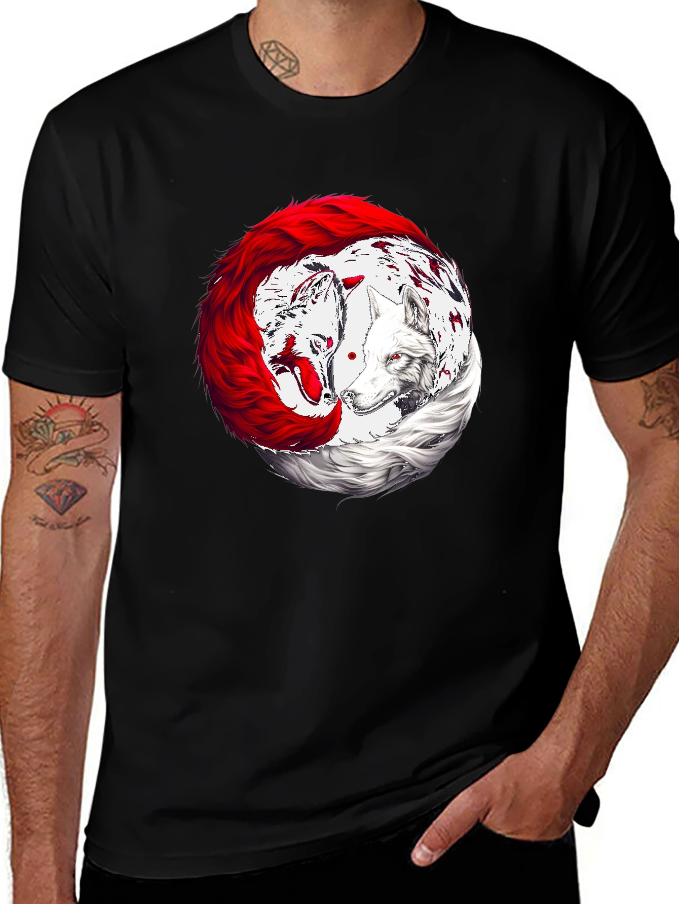 Variant 4 of Yin Yang Wolves Graphic Tee - Black