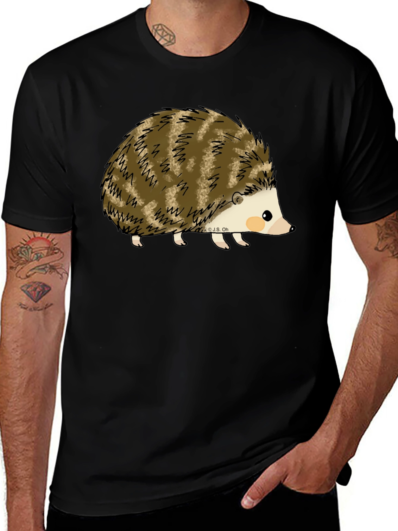 Variant 2 of Cute Hedgehog Graphic Tee - Black Cotton T-Shirt