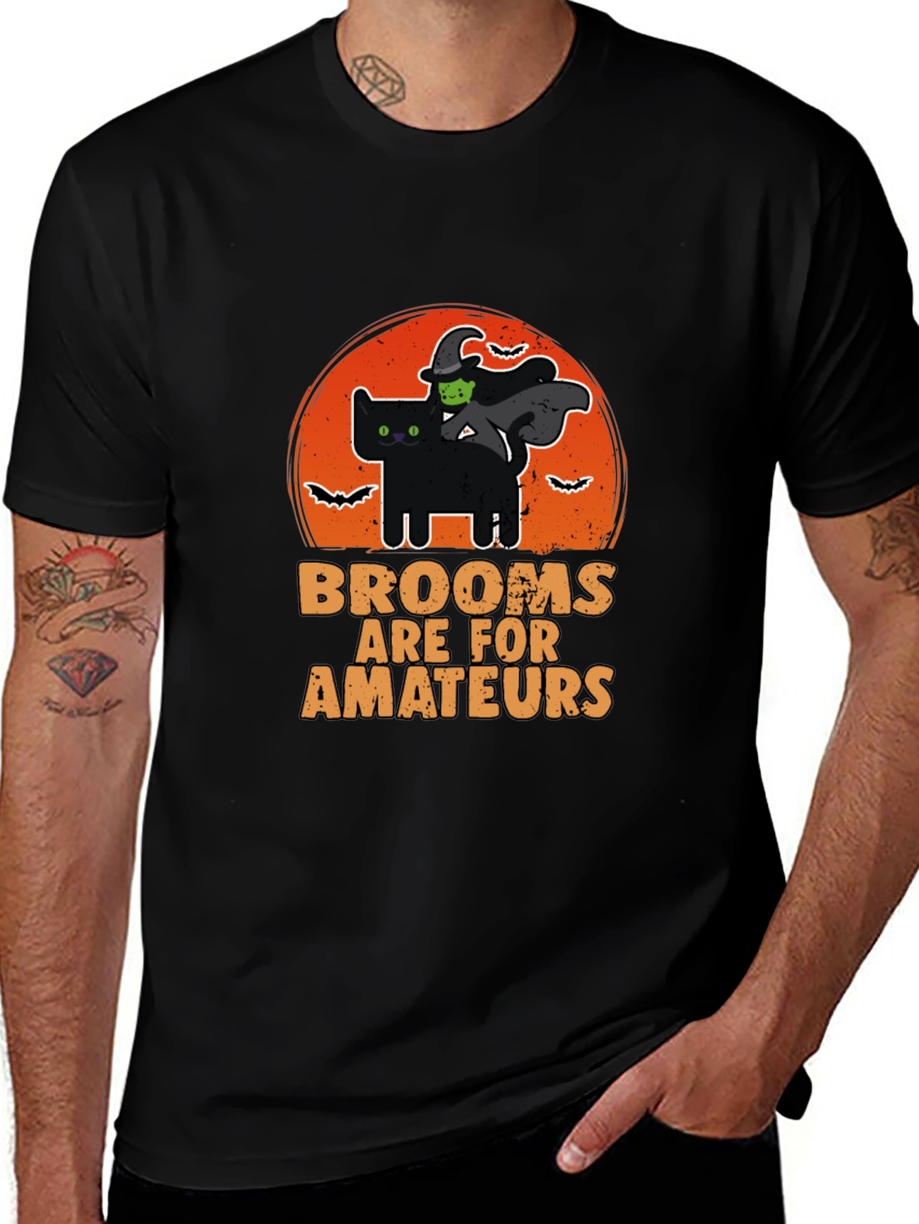 Halloween Cat & Witch Graphic Tee - Brooms Are for Amateurs