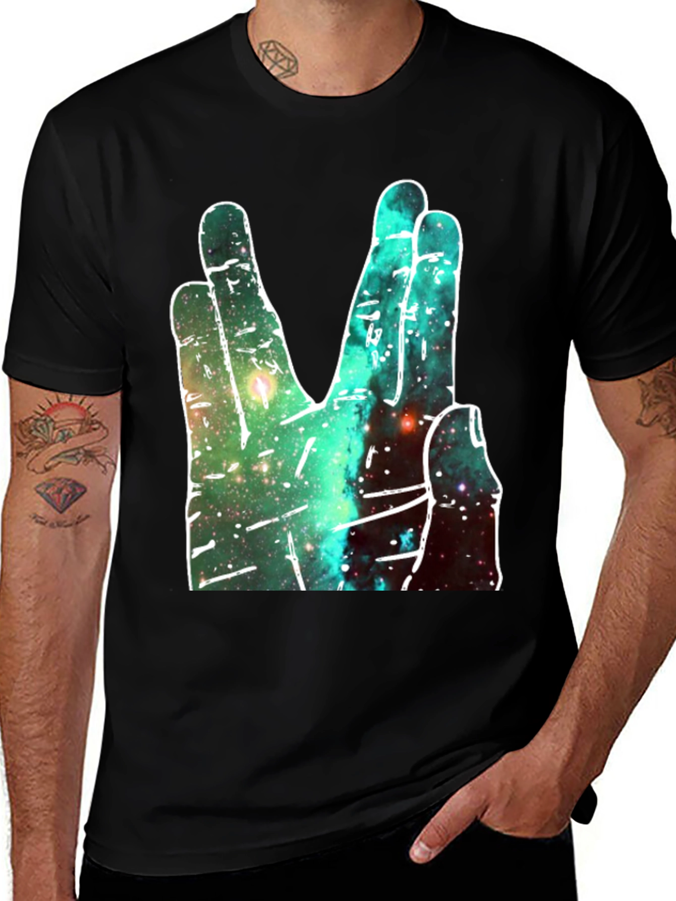 Space Galaxy Vulcan Salute Black T-Shirt