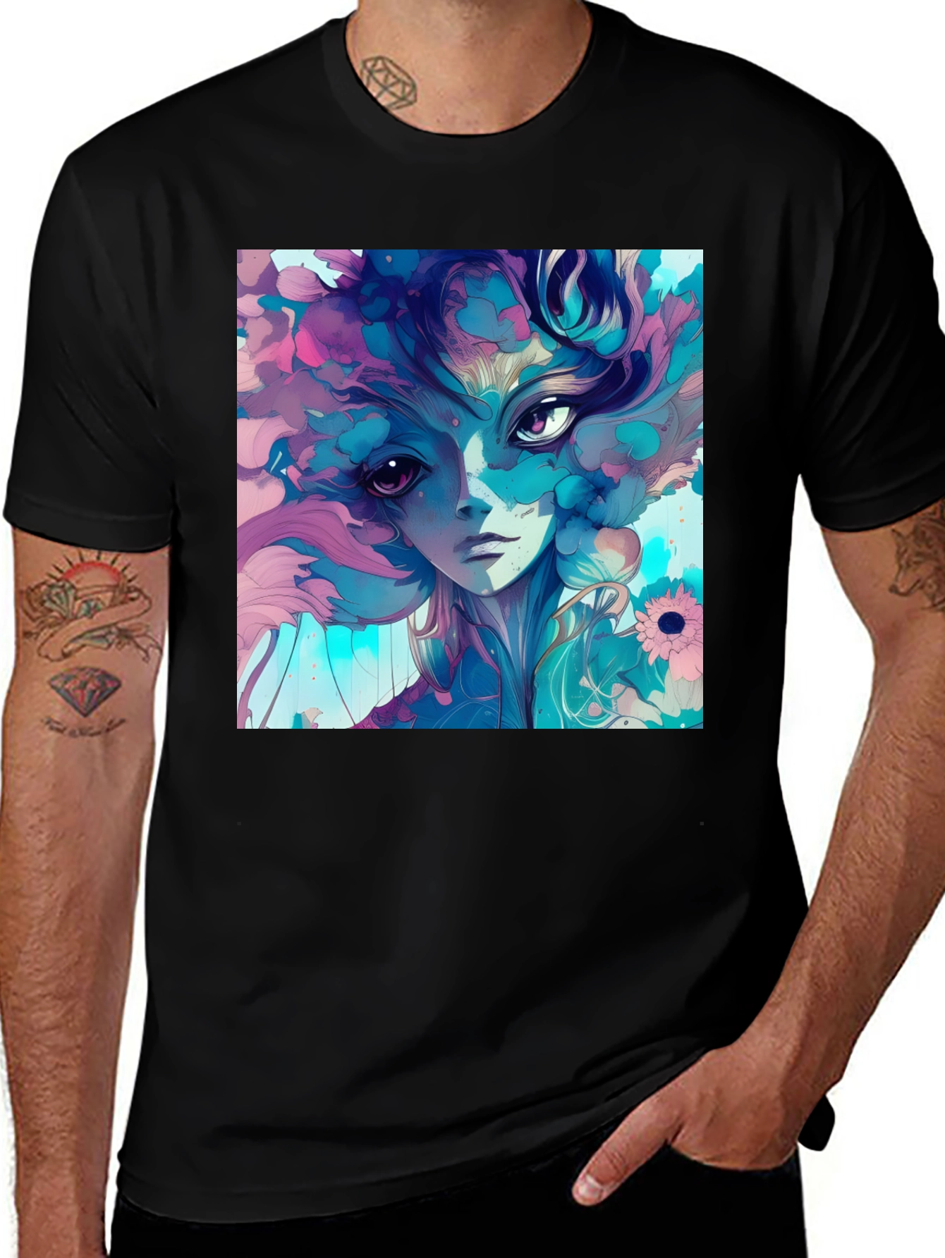 Variant 11 of Artistic Floral Girl Graphic Black T-Shirt