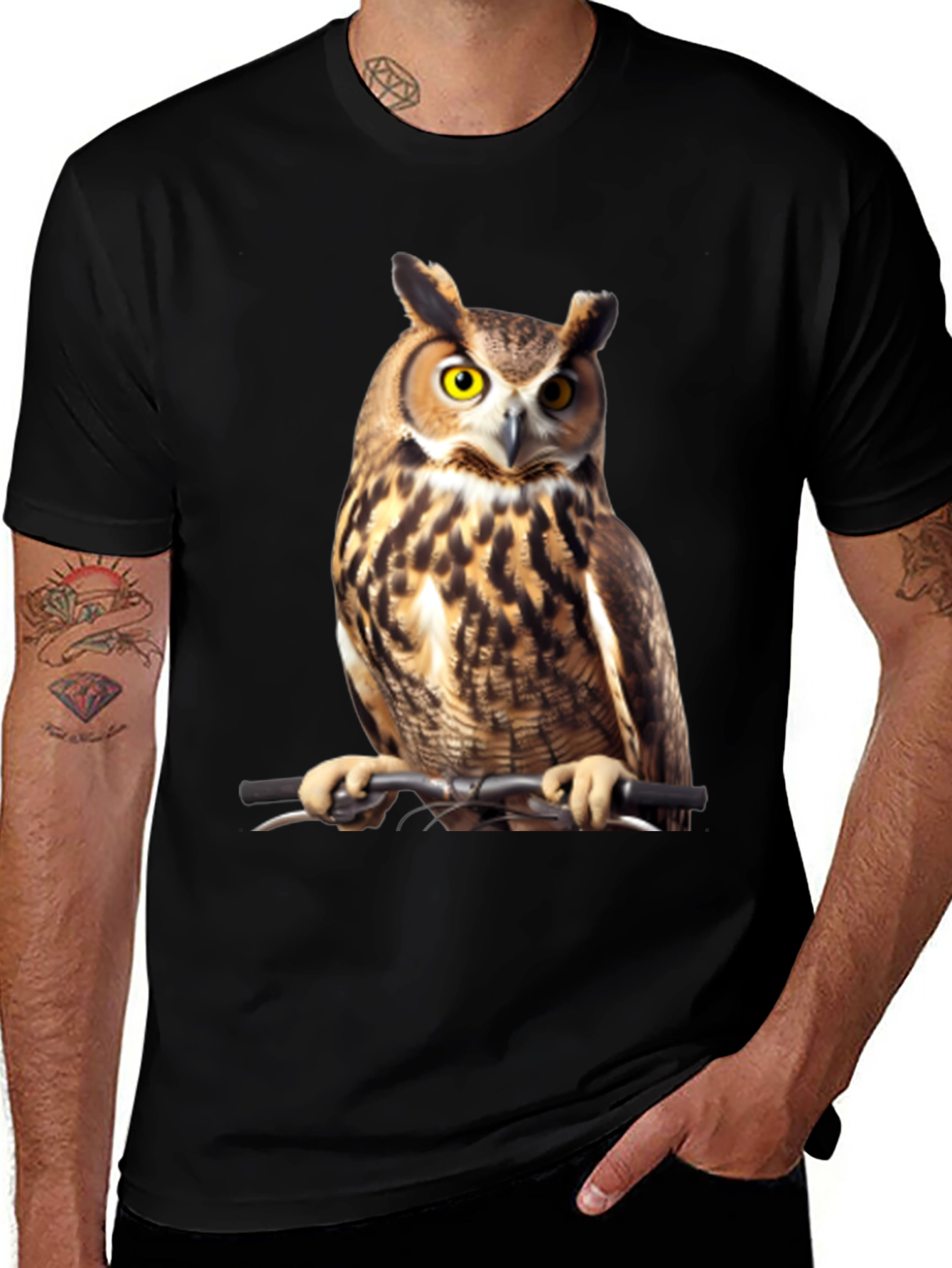 Variant 30 of Owl on Bike T-Shirt - Men's Black Graphic Tee