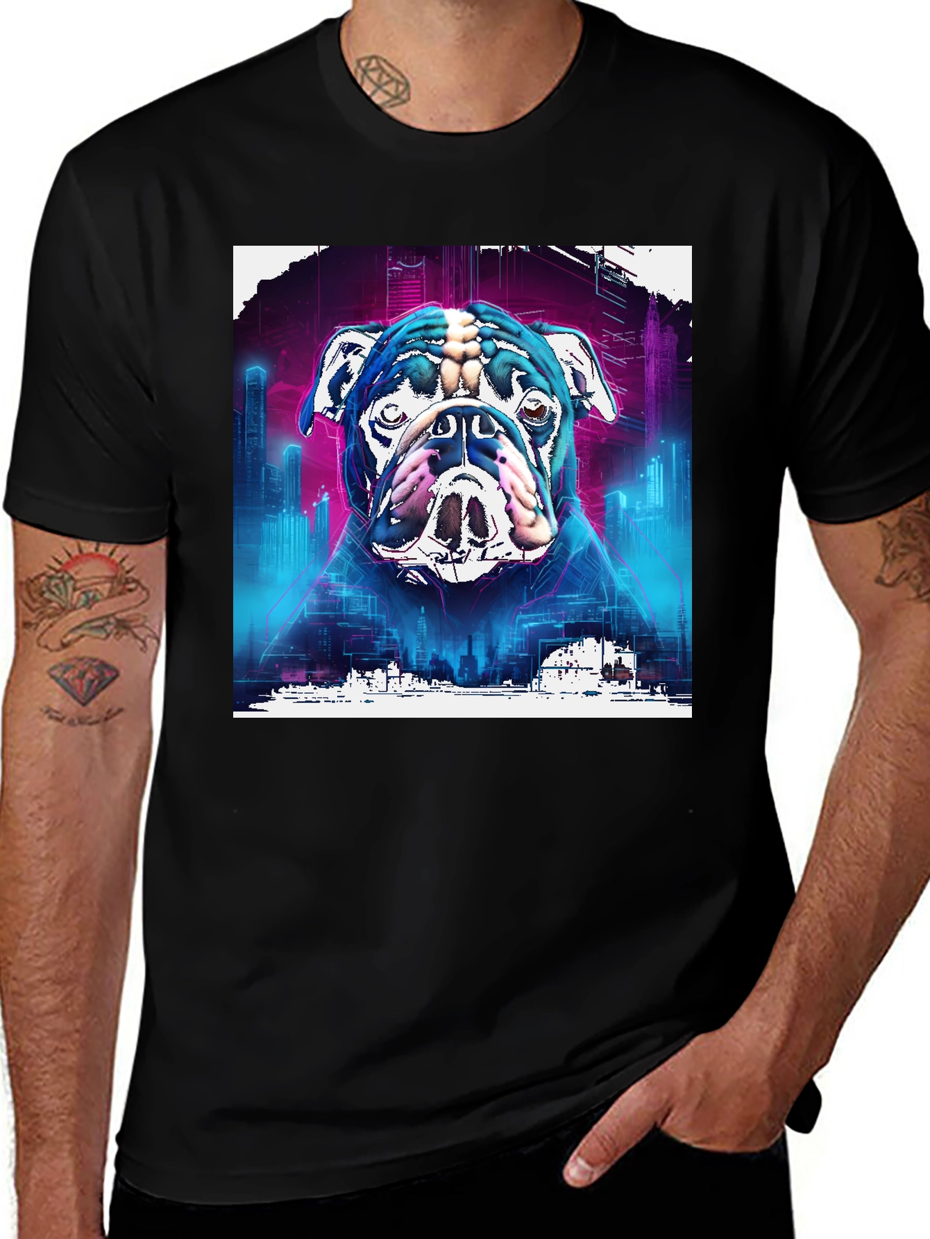 Variant 10 of Cyberpunk Bulldog Graphic Tee - Men's Black T-Shirt
