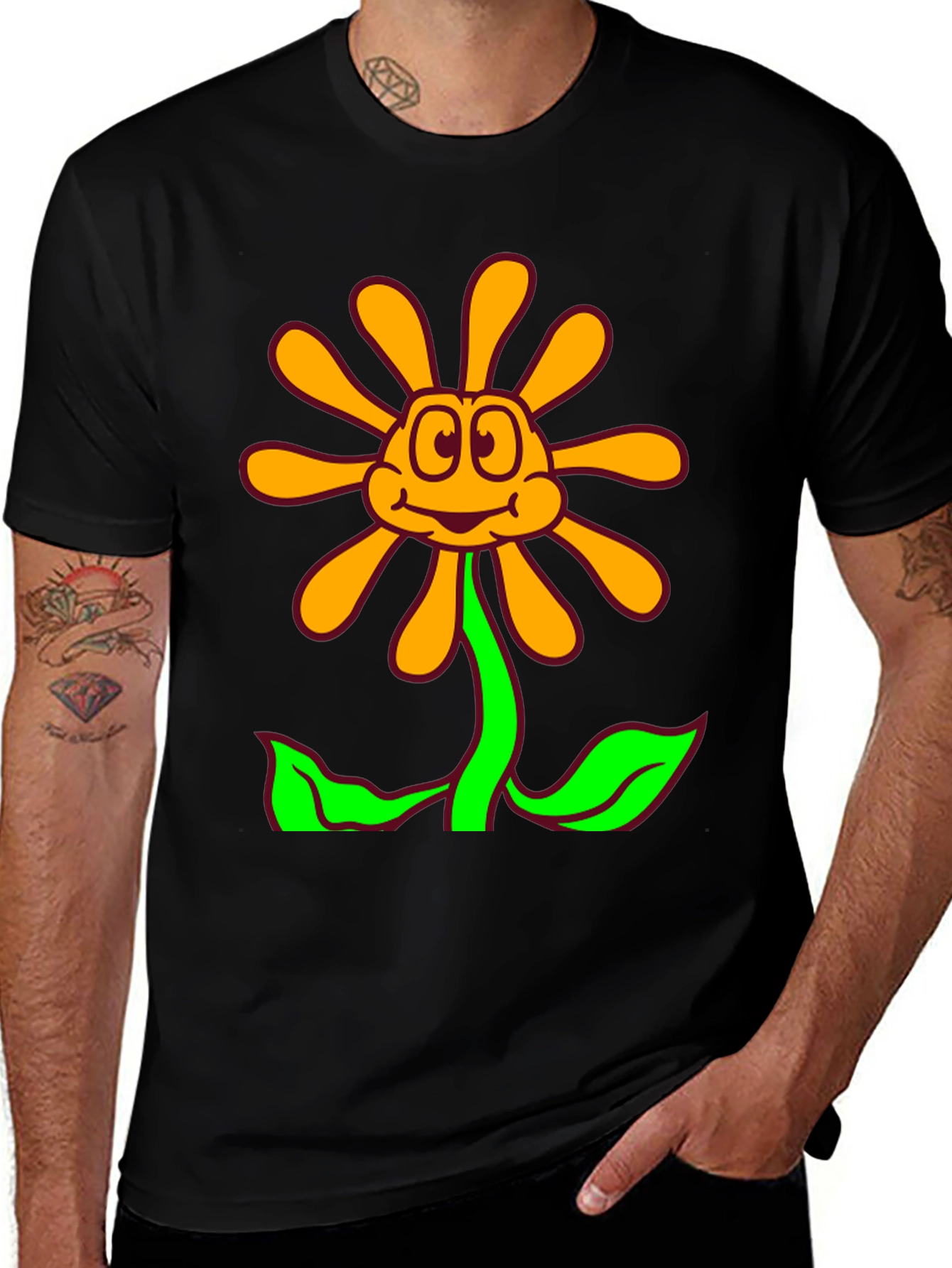 Variant 7 of Cartoon Flower Graphic Black T-Shirt
