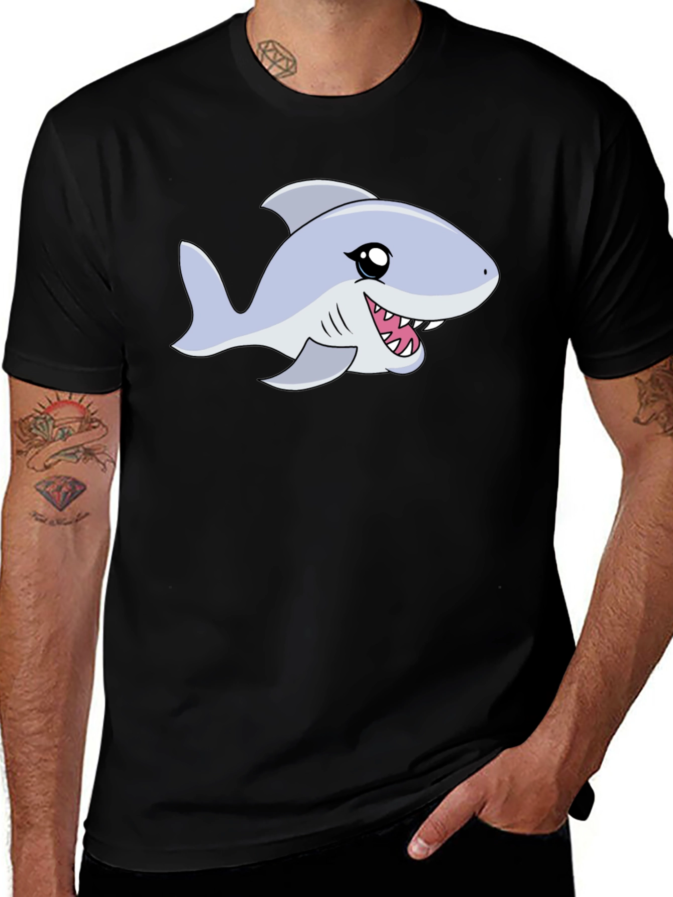 Black Cartoon Shark Graphic Tee - Black Casual Shirt main image