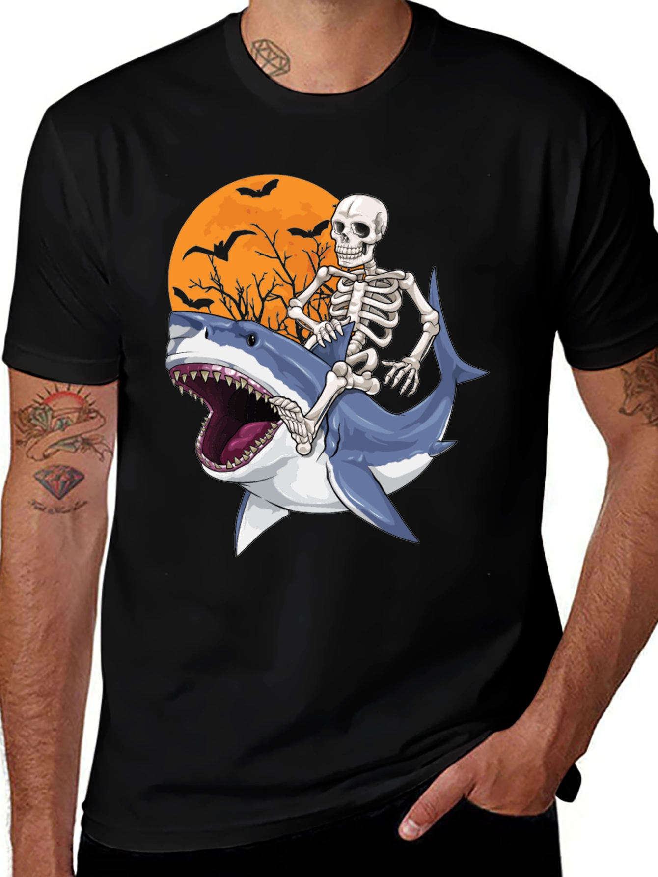 Variant 22 of Skeleton Riding Shark Graphic T-Shirt - Halloween Style