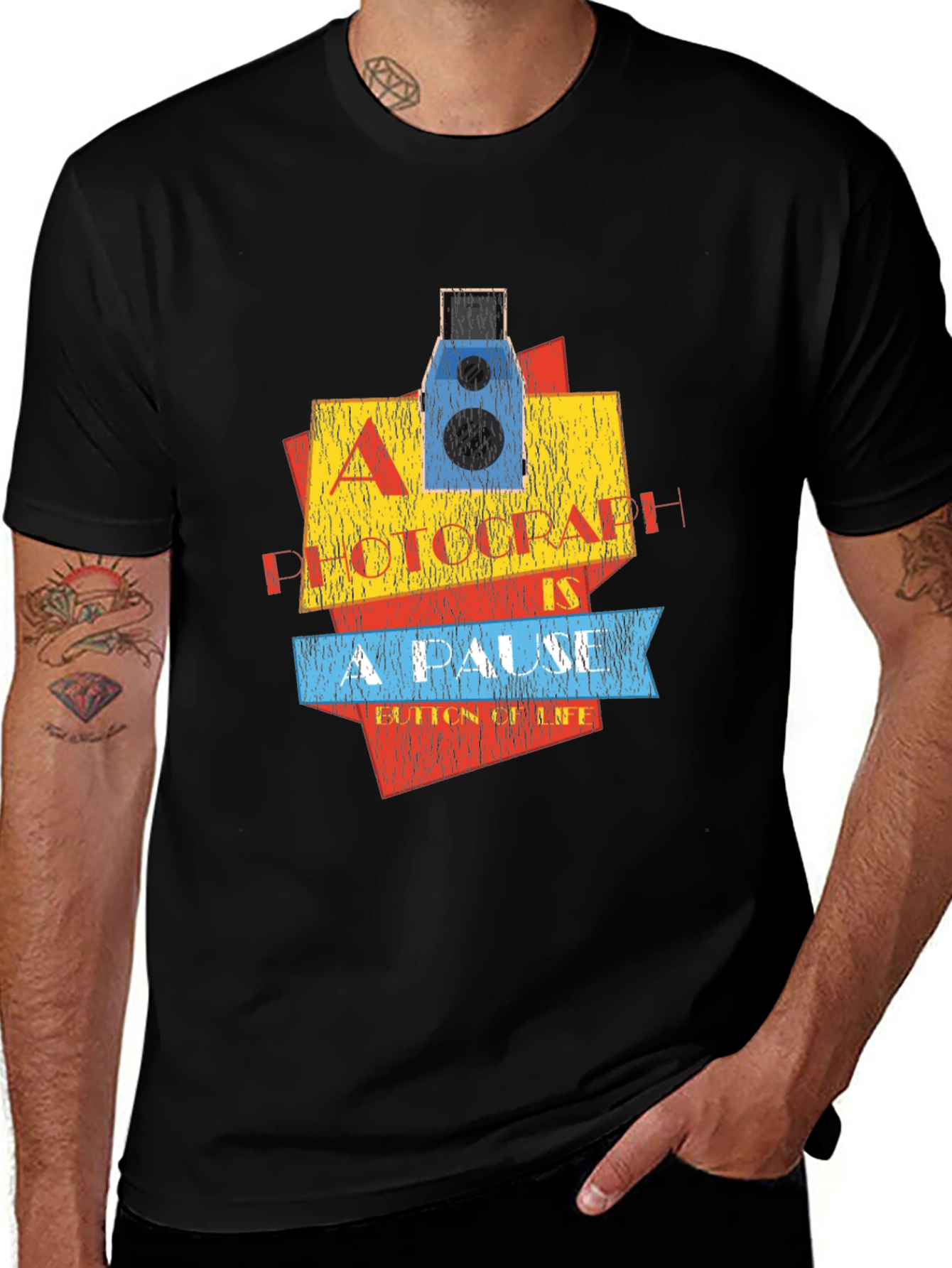 Variant 23 of Retro Camera T-Shirt - "A Photograph Is A Pause Button Of Life"
