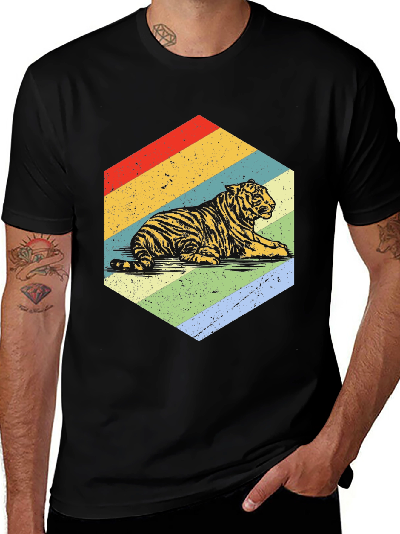 Variant 10 of Retro Tiger Graphic Tee - Black Cotton T-Shirt
