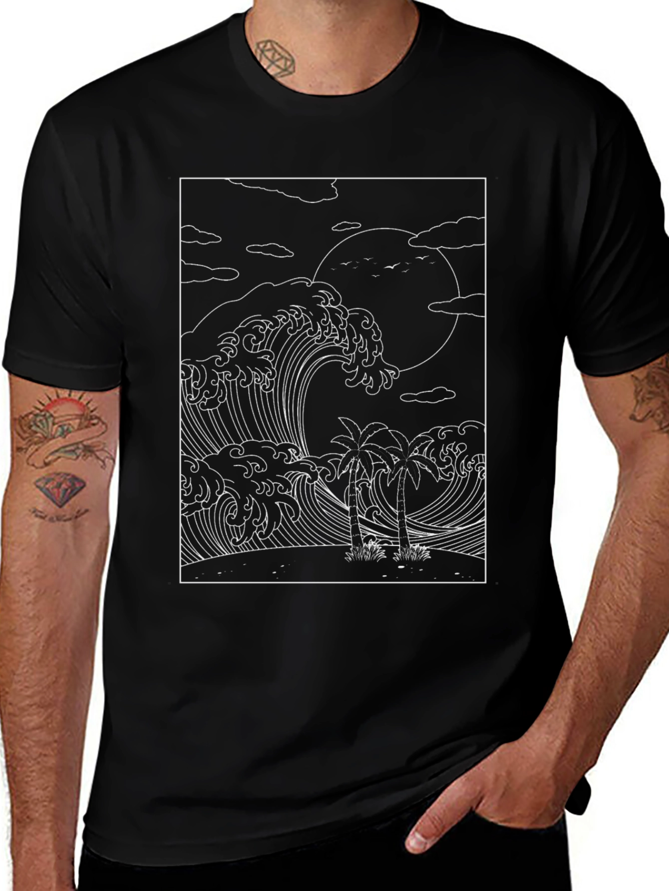 Variant 5 of Ocean Wave & Palm Tree Graphic Tee - Black