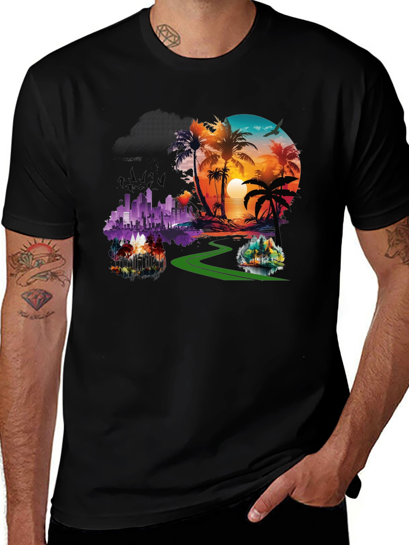 Variant 15 of Tropical Cityscape Graphic Black T-Shirt