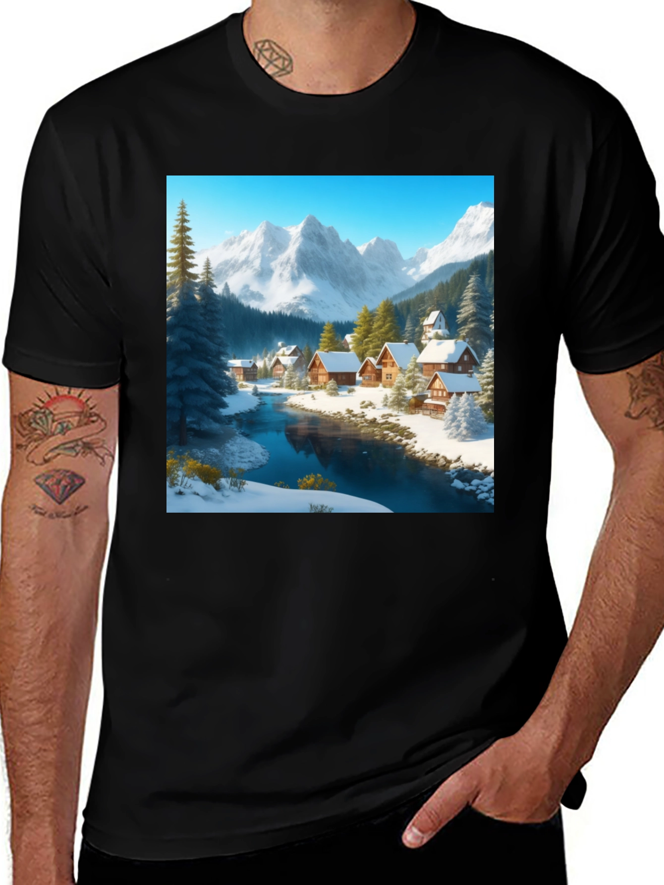 Variant 22 of Winter Village Graphic Tee - Cozy Cabin Scene