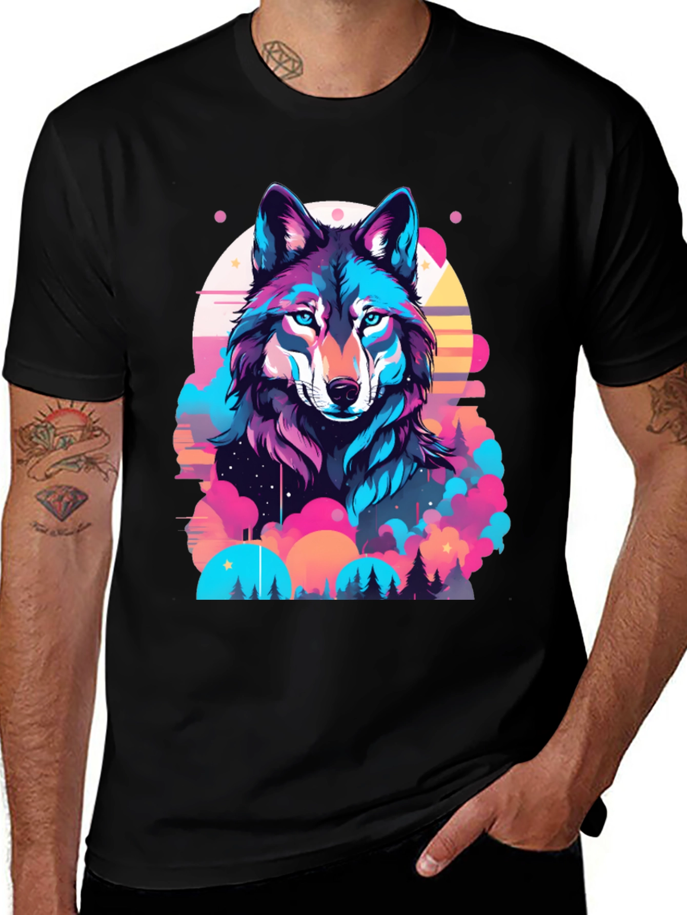 Variant 26 of Vibrant Wolf Graphic Print Black T-Shirt