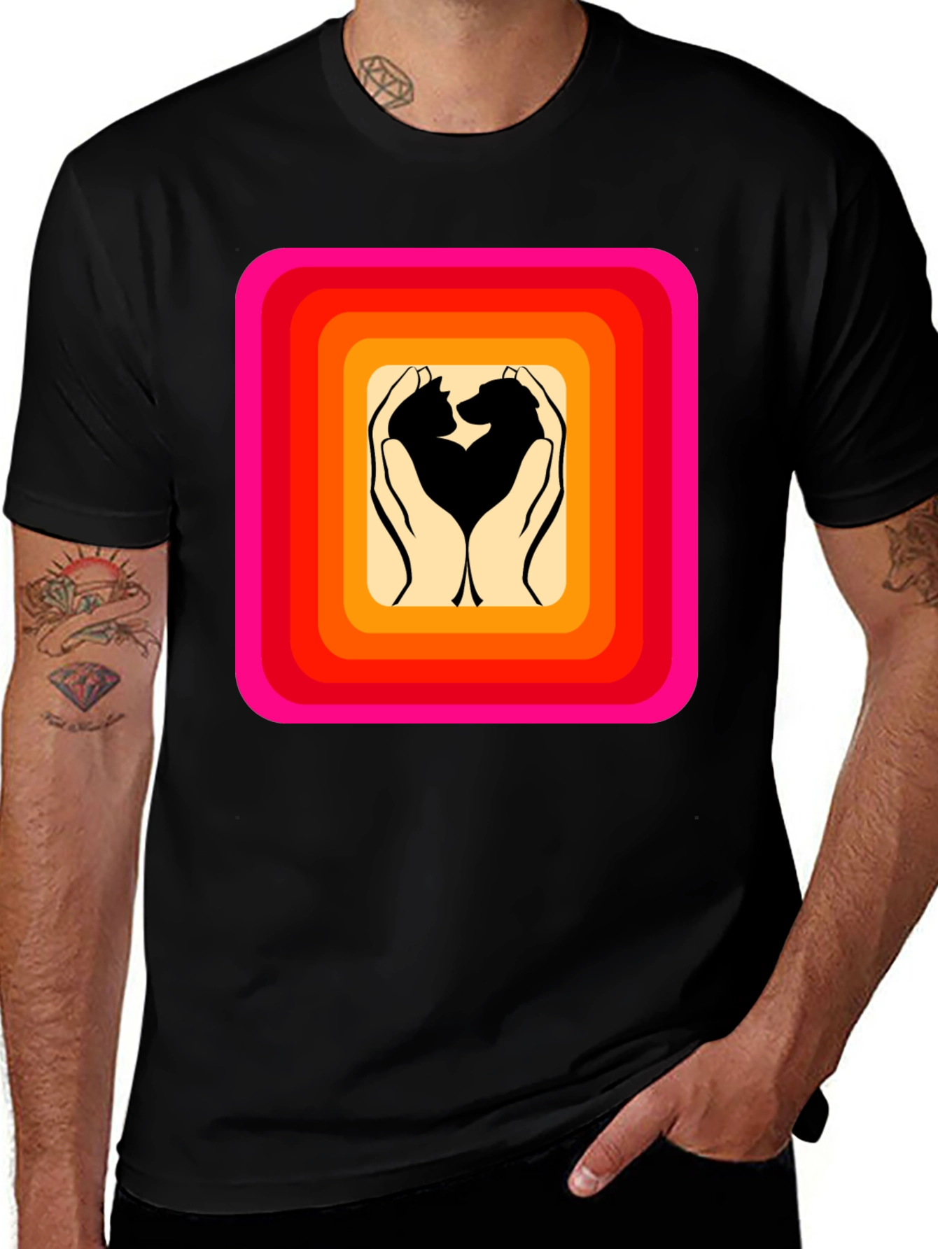 Retro Pet Love T-Shirt: Cat & Dog Hands Heart