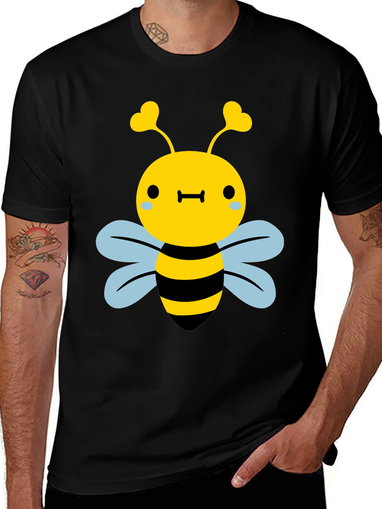 Cute Bee Graphic Tee - Black Cotton Blend Shirt