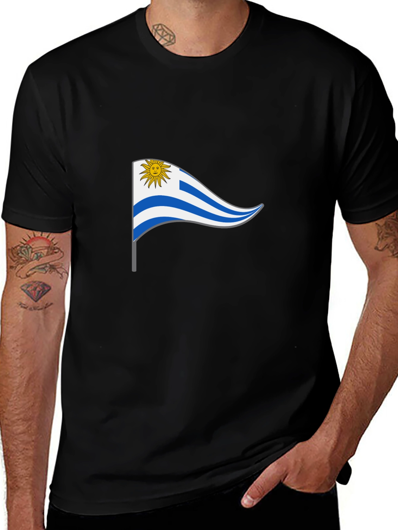 Variant 20 of Uruguay Flag T-Shirt - Black Cotton Tee