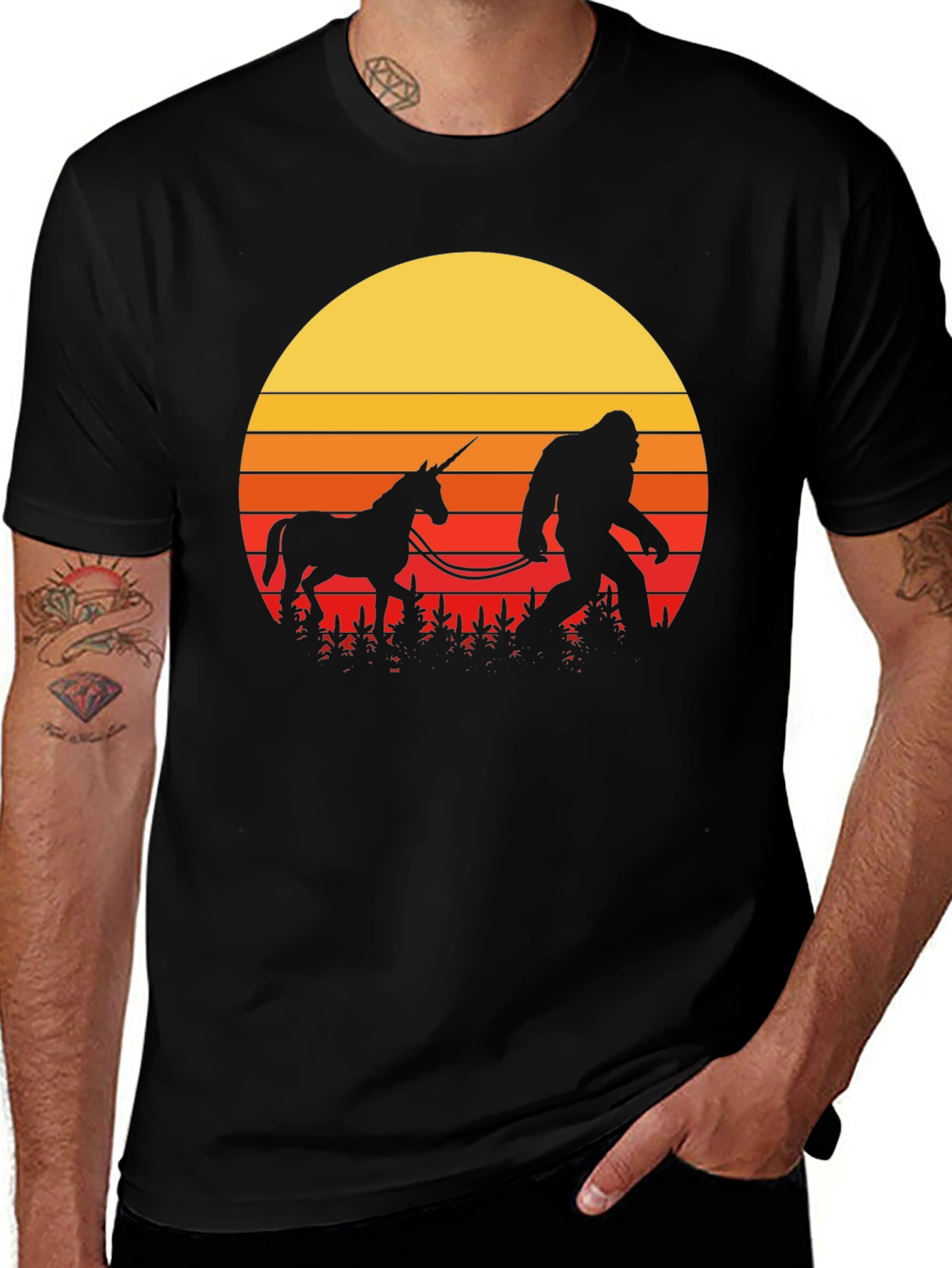 Black Sasquatch & Unicorn Sunset T-Shirt main image