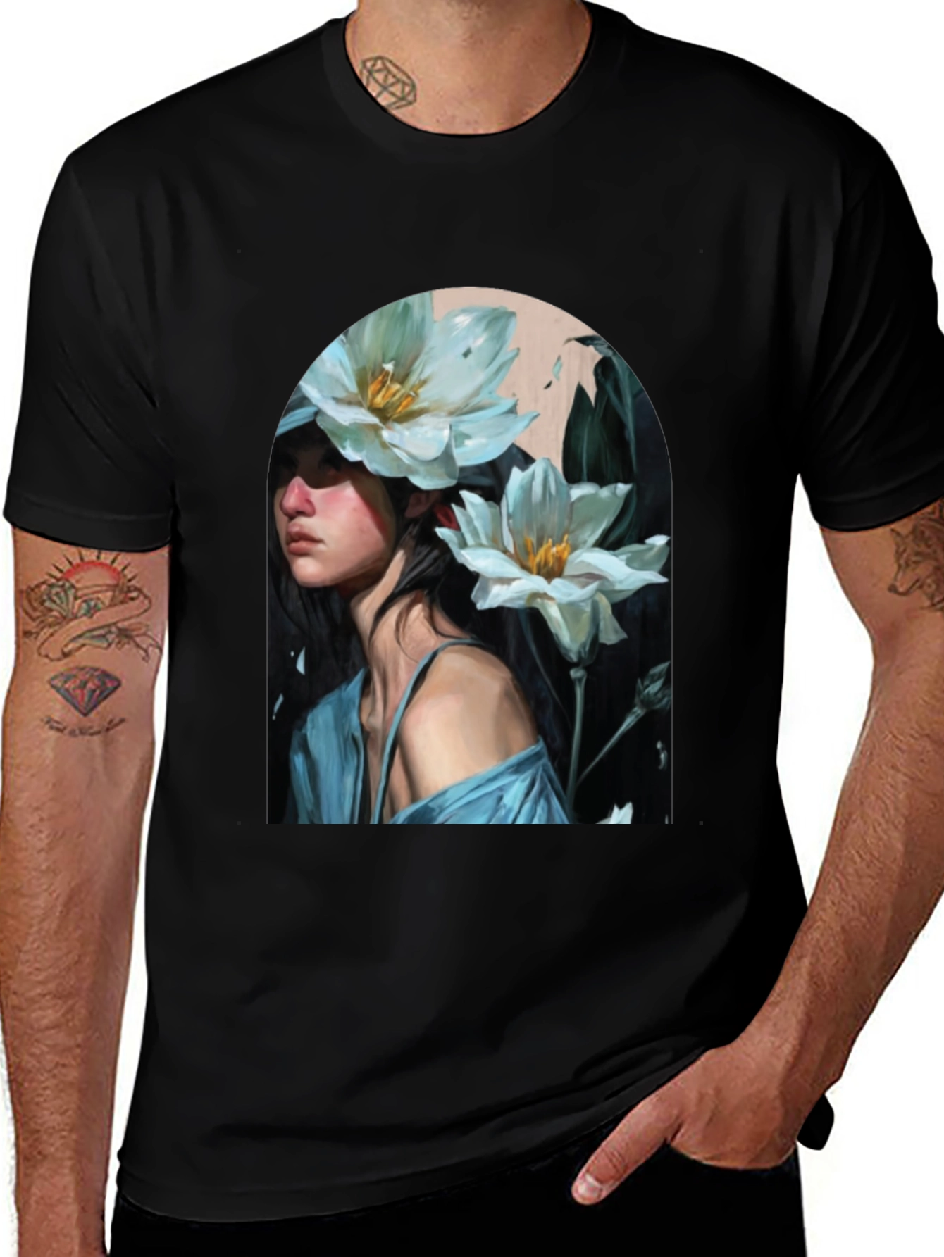 Variant 24 of Floral Portrait Black T-Shirt - Artistic Fashion