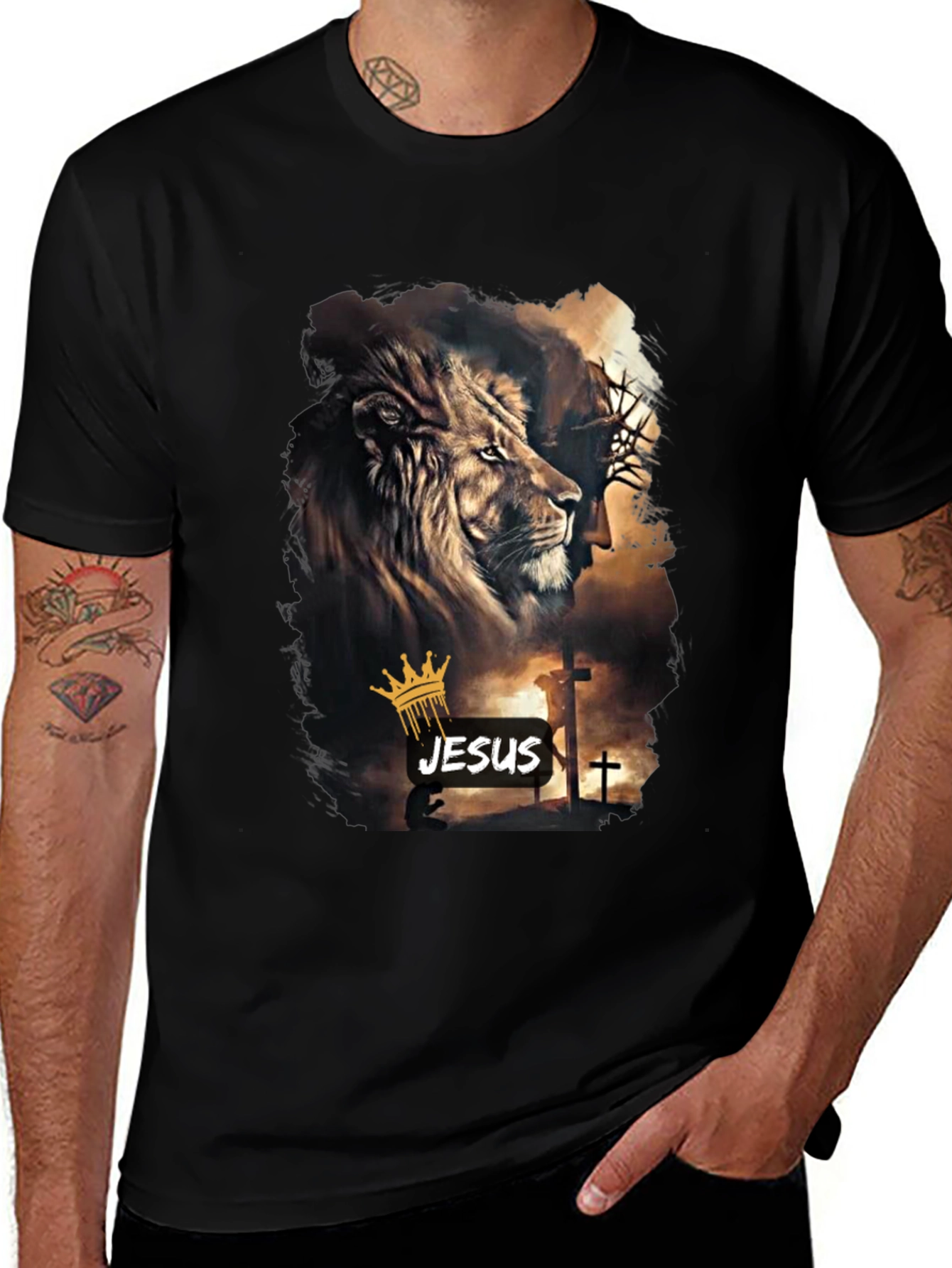 Variant 29 of Lion and Jesus Graphic Black T-Shirt