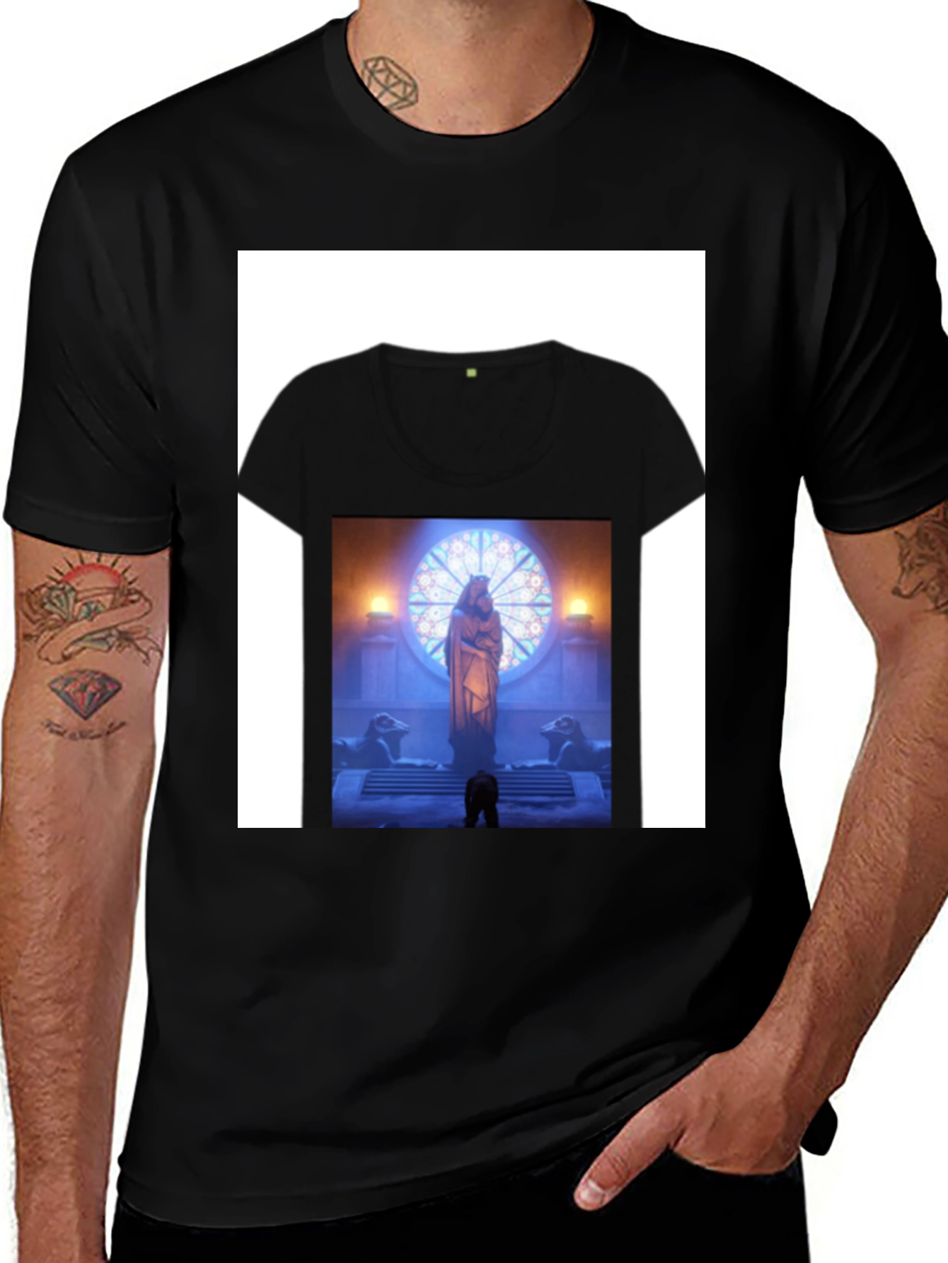 Black Graphic Tee with Religious Scene