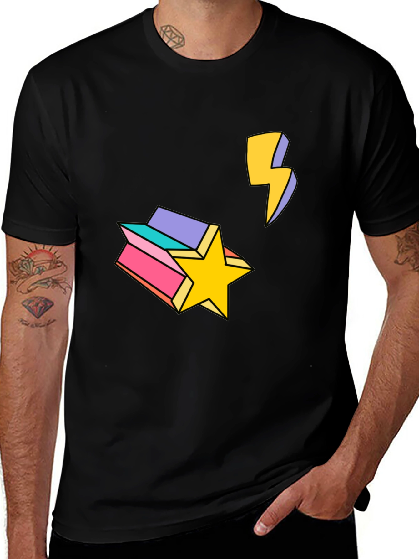 Variant 21 of Retro Star & Lightning Bolt Graphic Tee - Black