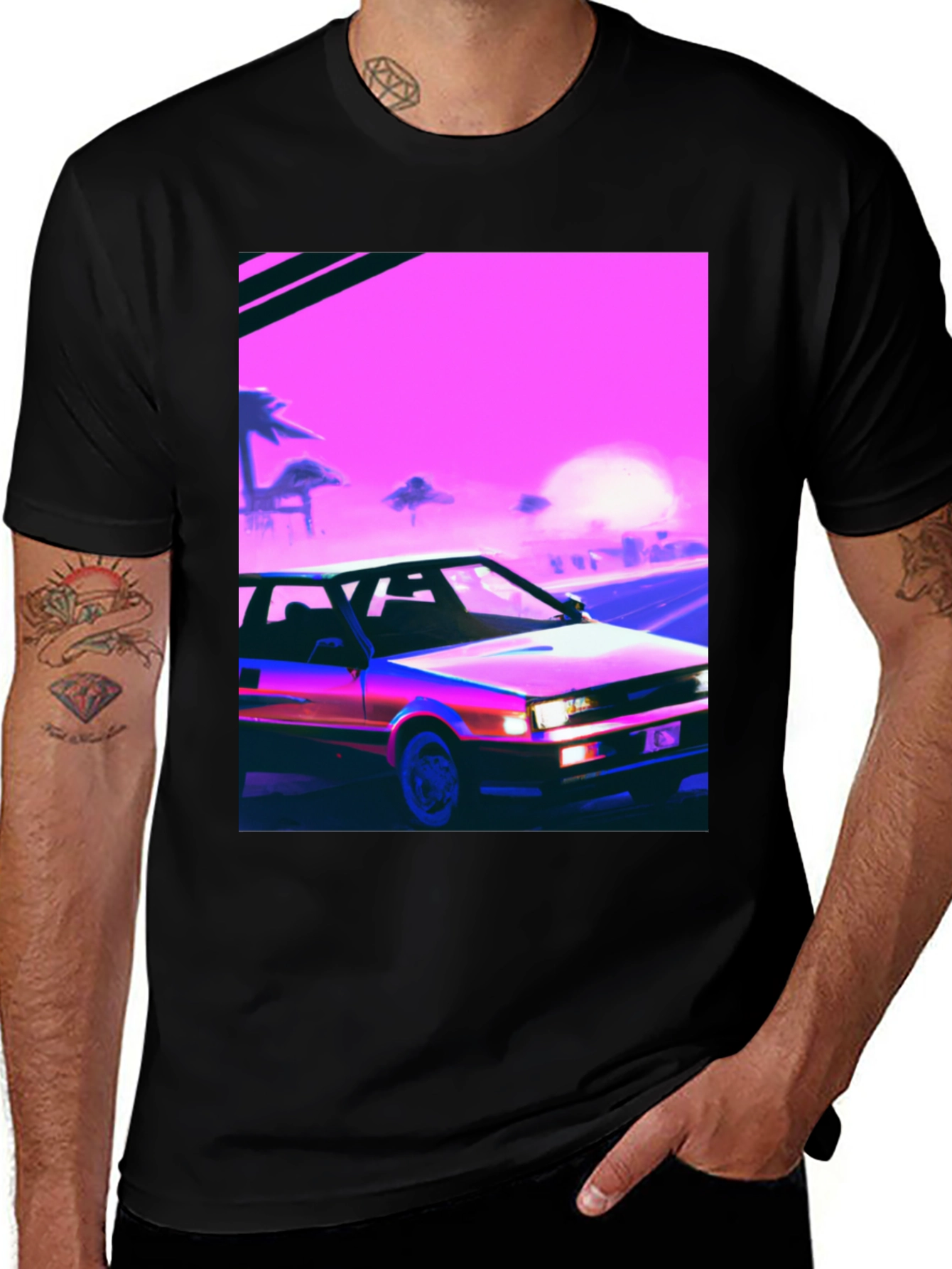 Variant 16 of Retro Wave Car Graphic Tee - Black Cotton Blend